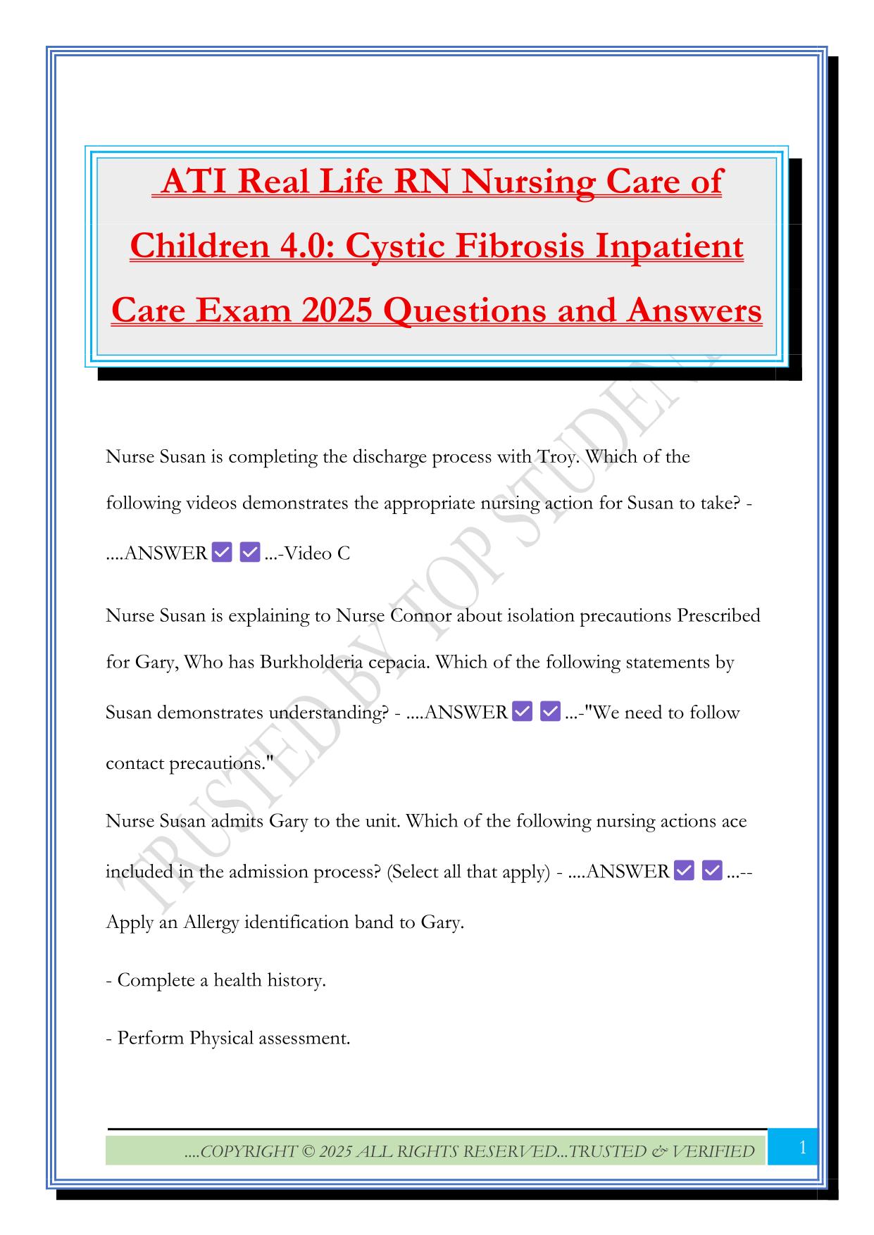 ATI Real Life RN Nursing Care of Children 4.0: Cystic Fibrosis Inpatient Care Exam 2025 Questions and Answers