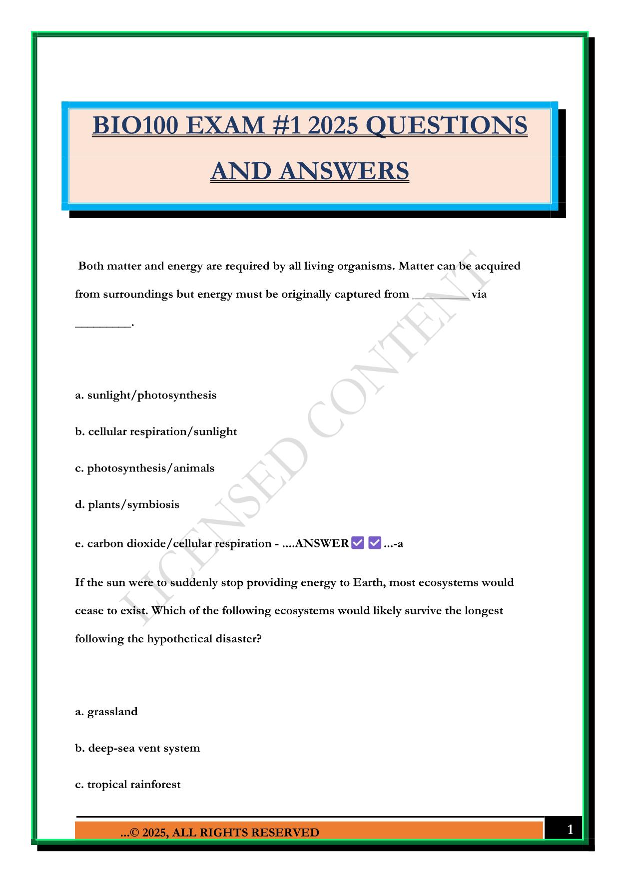 BIO100 EXAM #1 2025 QUESTIONS AND ANSWERS