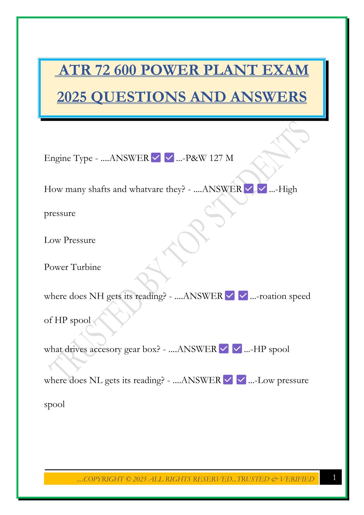 ATR 72 600 POWER PLANT EXAM 2025 QUESTIONS AND ANSWERS