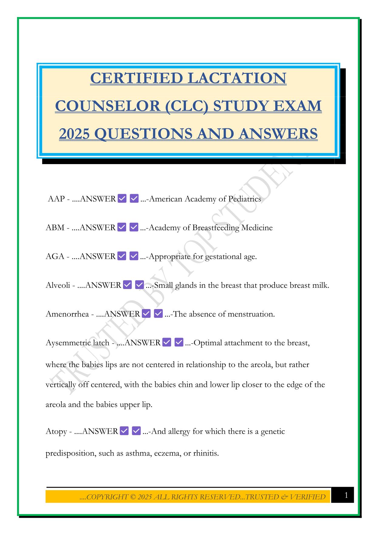 CERTIFIED LACTATION COUNSELOR (CLC) STUDY EXAM 2025 QUESTIONS AND ANSWERS