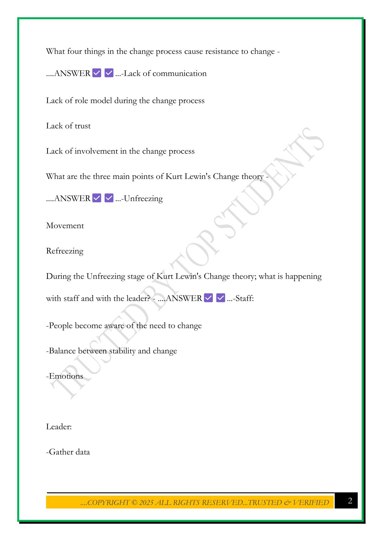 1....COPYRIGHT ©️ 2025 ALL RIGHTS RESERVED...TRUSTED & VERIFIED N487 LEADERSHIP IN NURSING: EXAM 1 - DELEGATION, LEADERSHIP AND MANAGEMENT THEORIES, TIME MANAGEMENT, COMMUNICATION, MOTIVATIONS, DECISION MAKING, CONFLICT MANAGEMENT, PLANNED CHANGE EXAM 2025 QUESTIONS AND ANSWERS