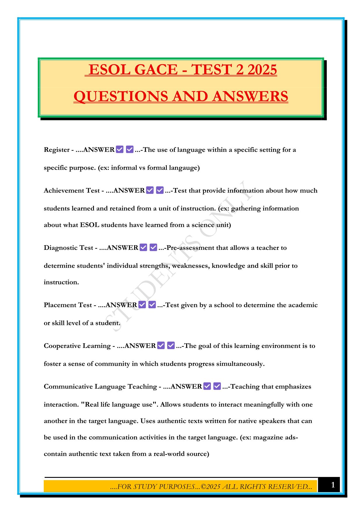 ESOL GACE - TEST 2 2025 QUESTIONS AND ANSWERS