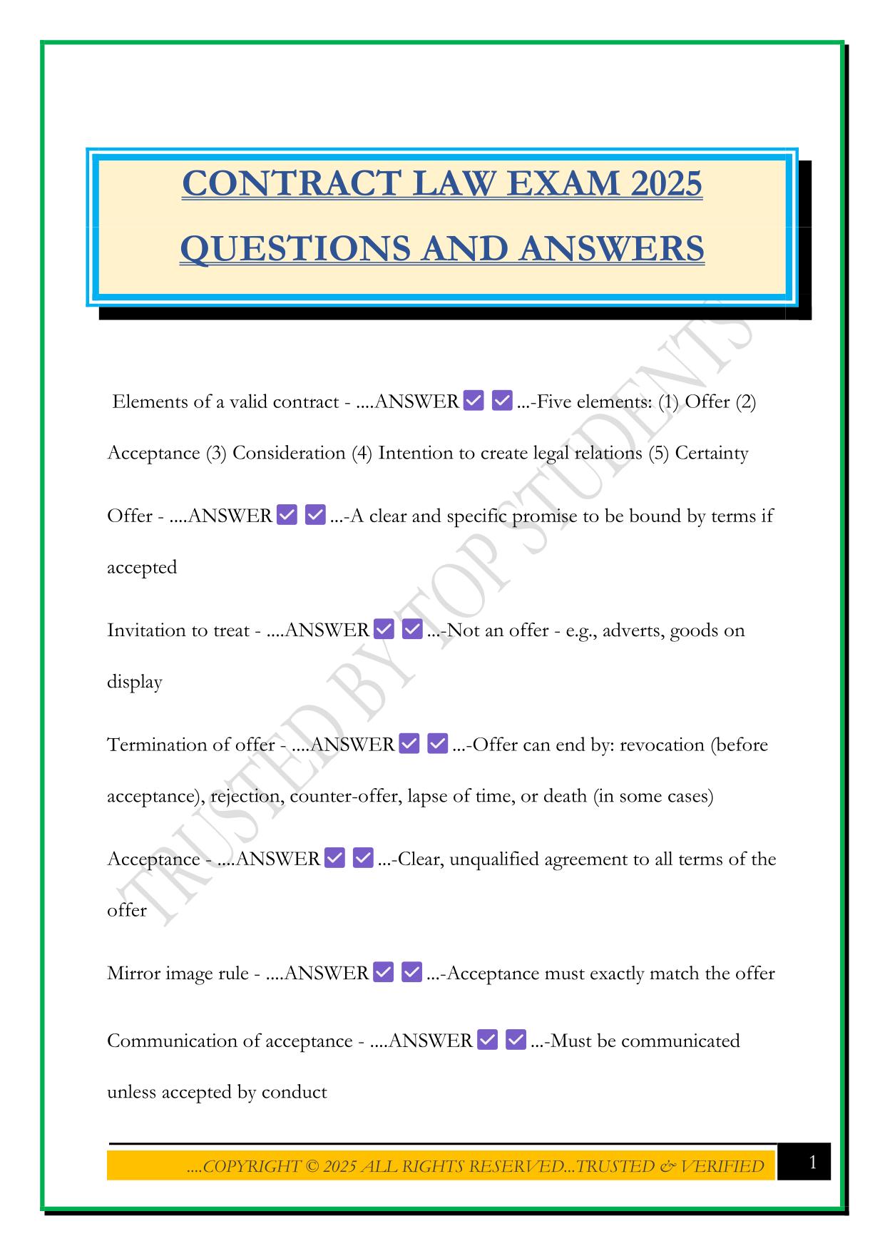 CONTRACT LAW EXAM 2025 QUESTIONS AND ANSWERS