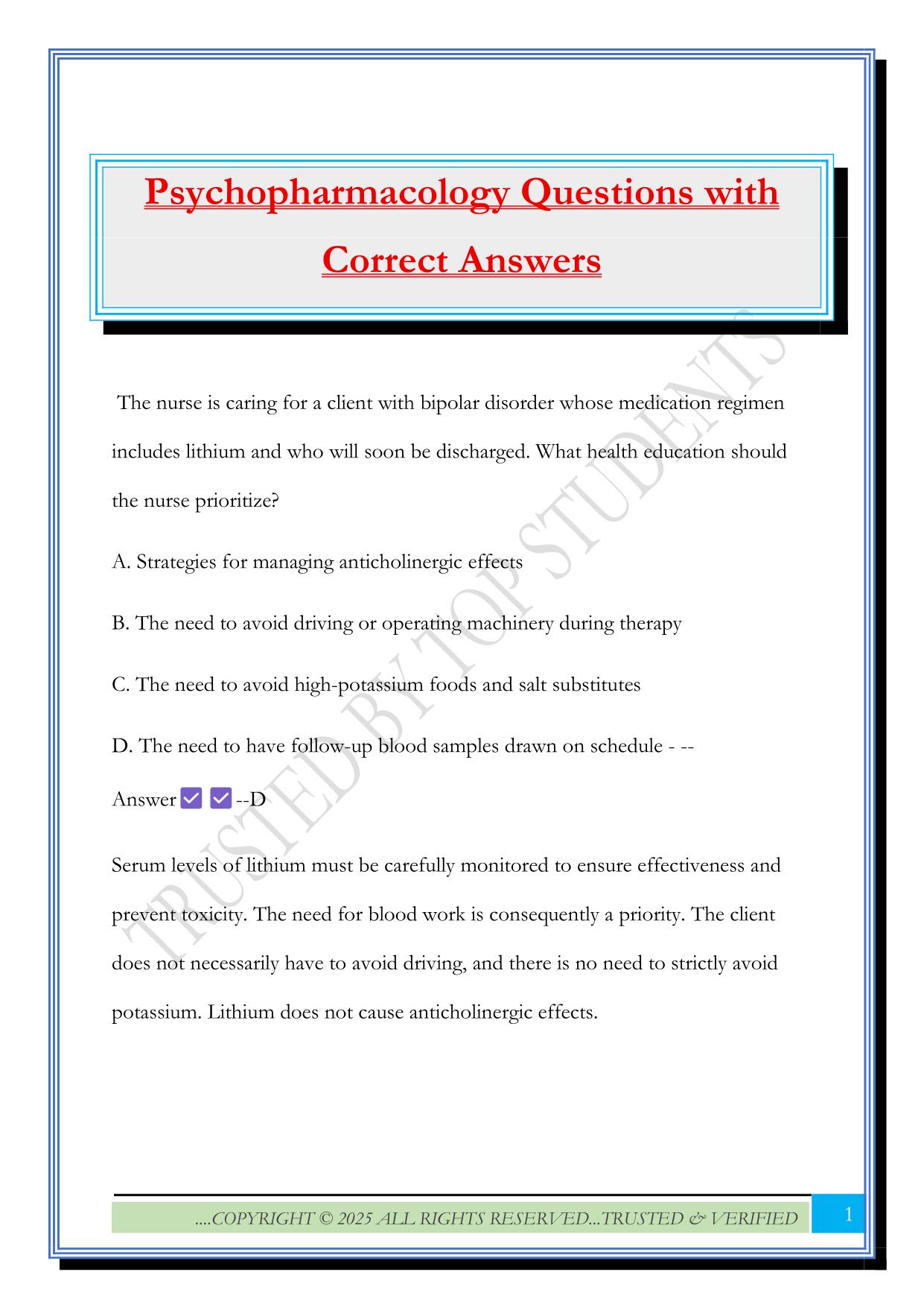 Psychopharmacology Questions with Correct Answers