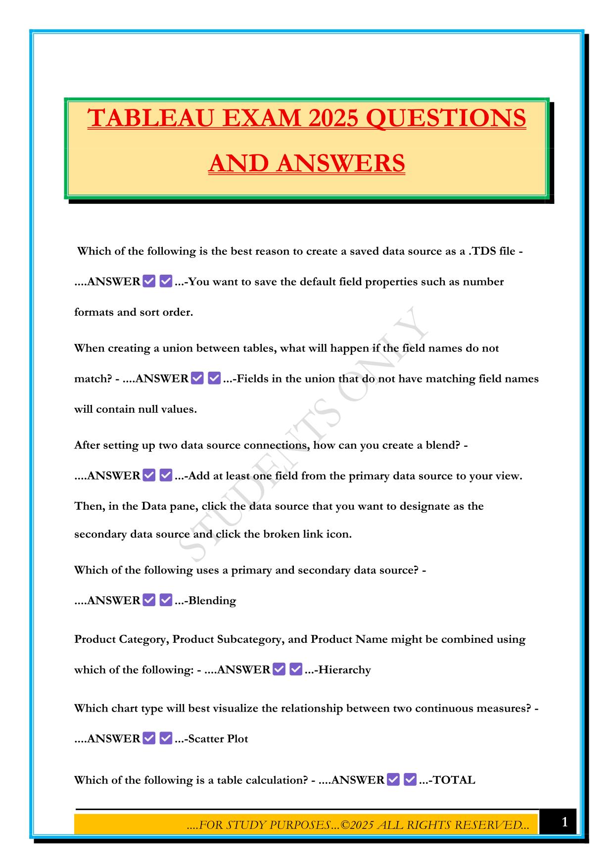 TABLEAU EXAM 2025 QUESTIONS AND ANSWERS