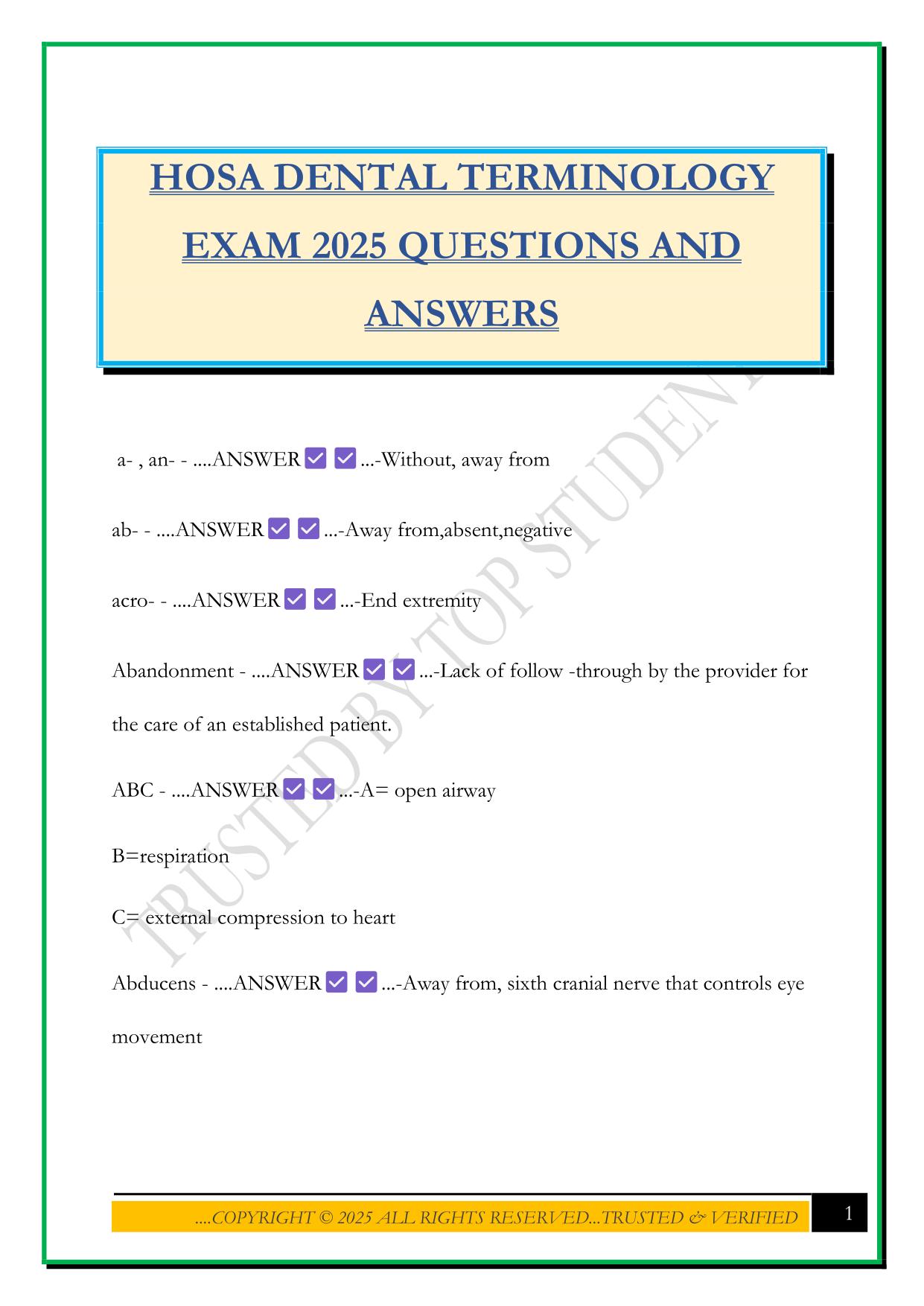 HOSA DENTAL TERMINOLOGY EXAM 2025 QUESTIONS AND ANSWERS