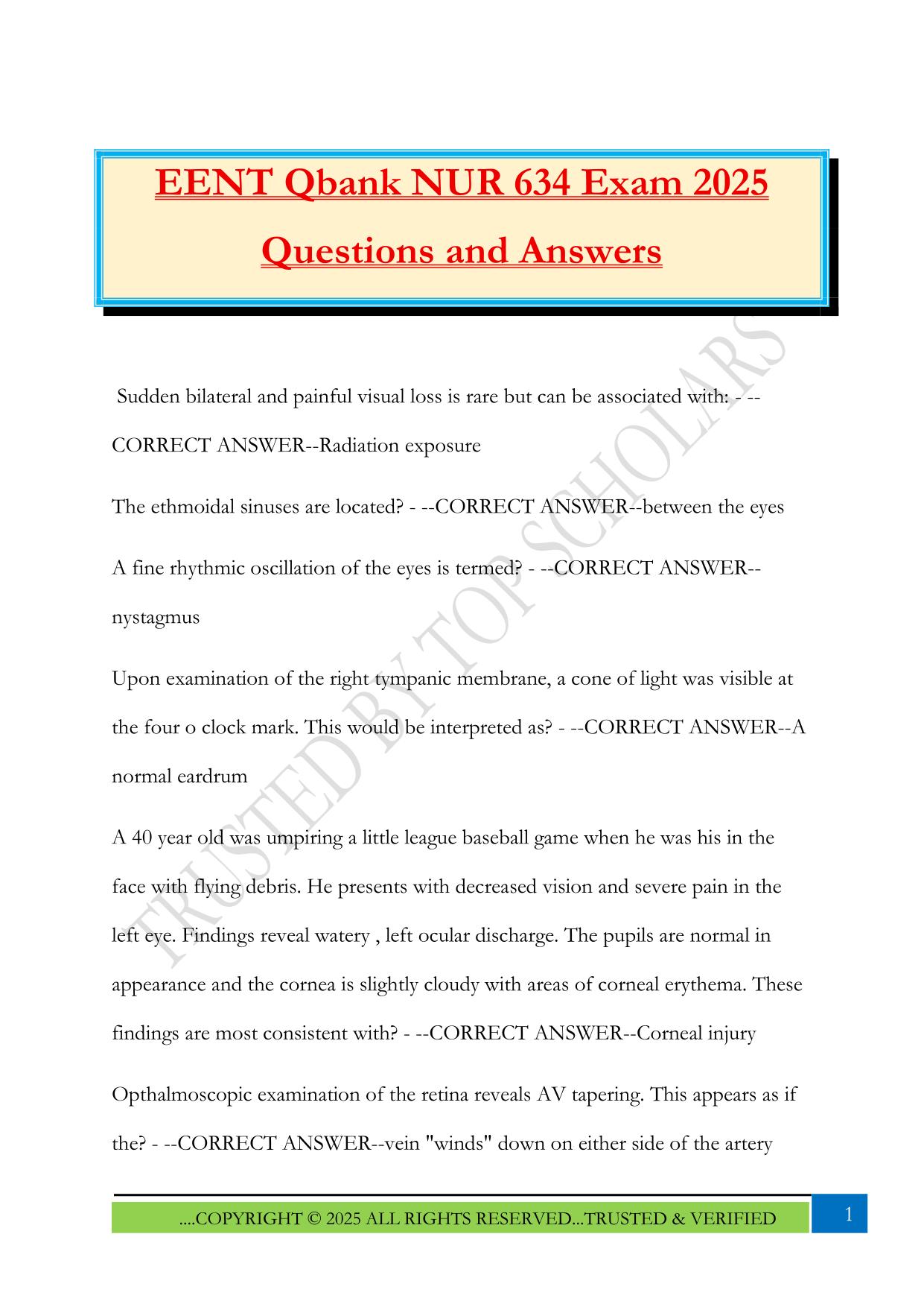 EENT Qbank NUR 634 Exam 2025 Questions and Answers