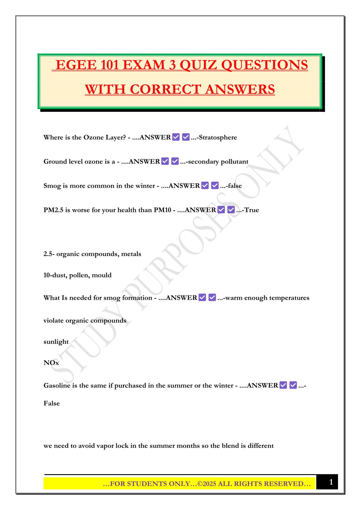 EGEE 101 EXAM 3 QUIZ QUESTIONS WITH CORRECT ANSWERS