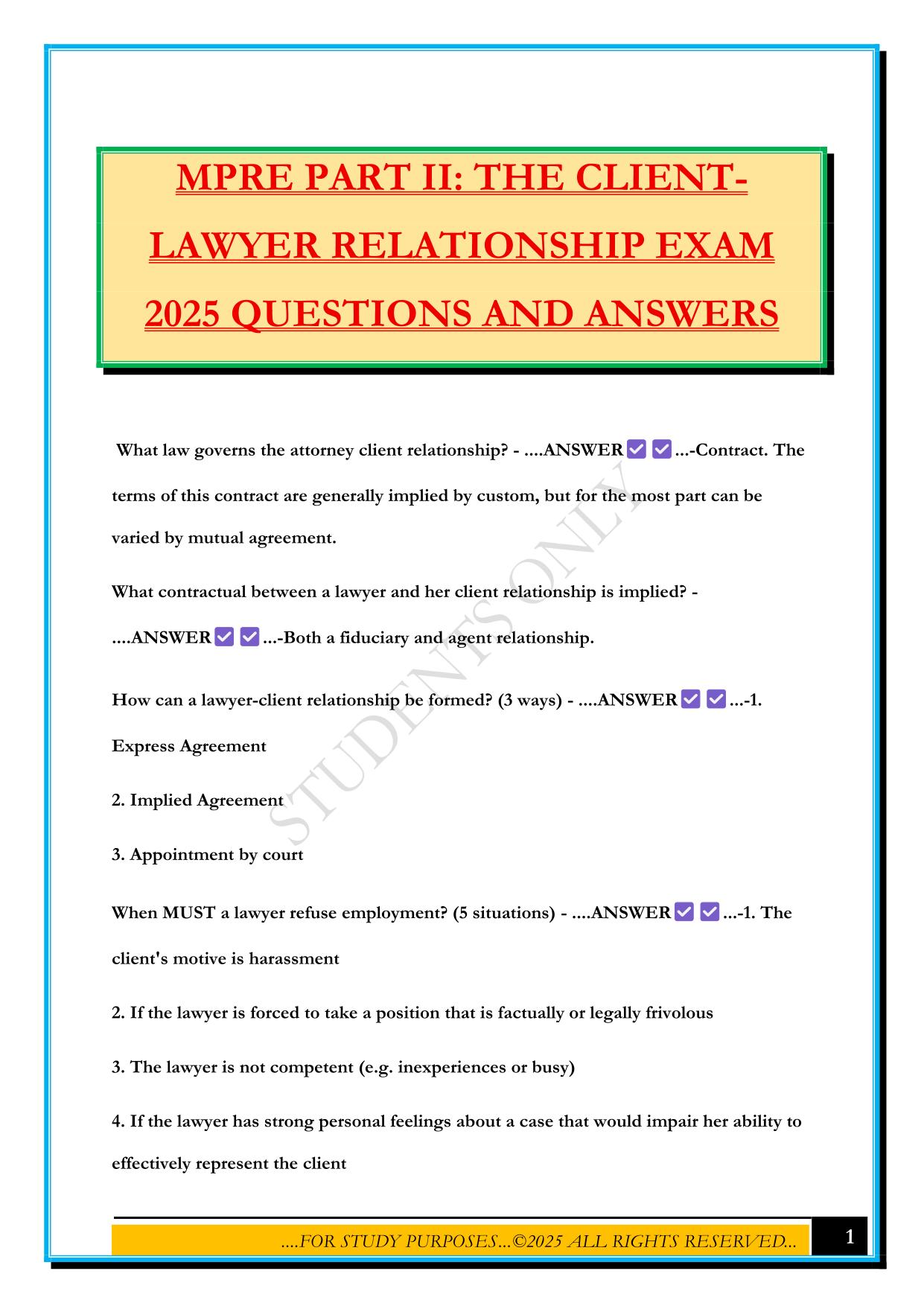 MPRE PART II: THE CLIENT- LAWYER RELATIONSHIP EXAM 2025 QUESTIONS AND ANSWERS