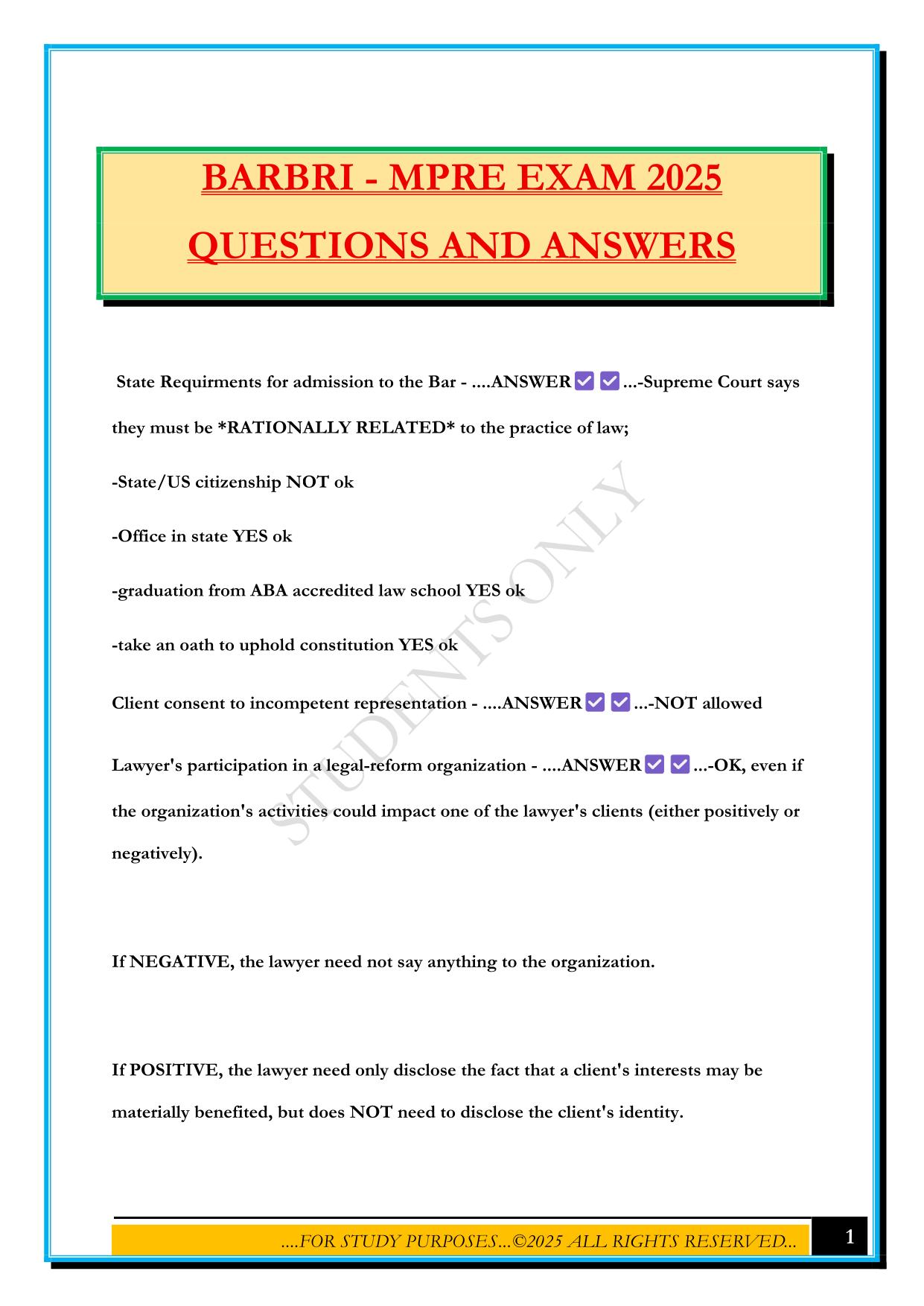 BARBRI - MPRE EXAM 2025 QUESTIONS AND ANSWERS