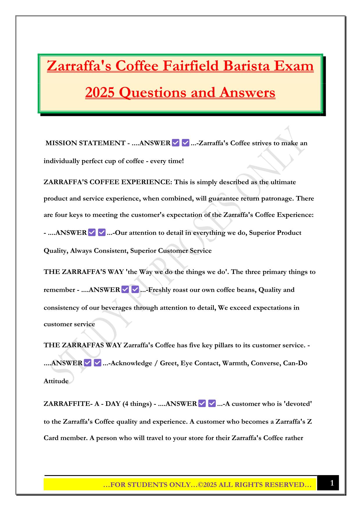 Zarraffa's Coffee Fairfield Barista Exam 2025 Questions and Answers