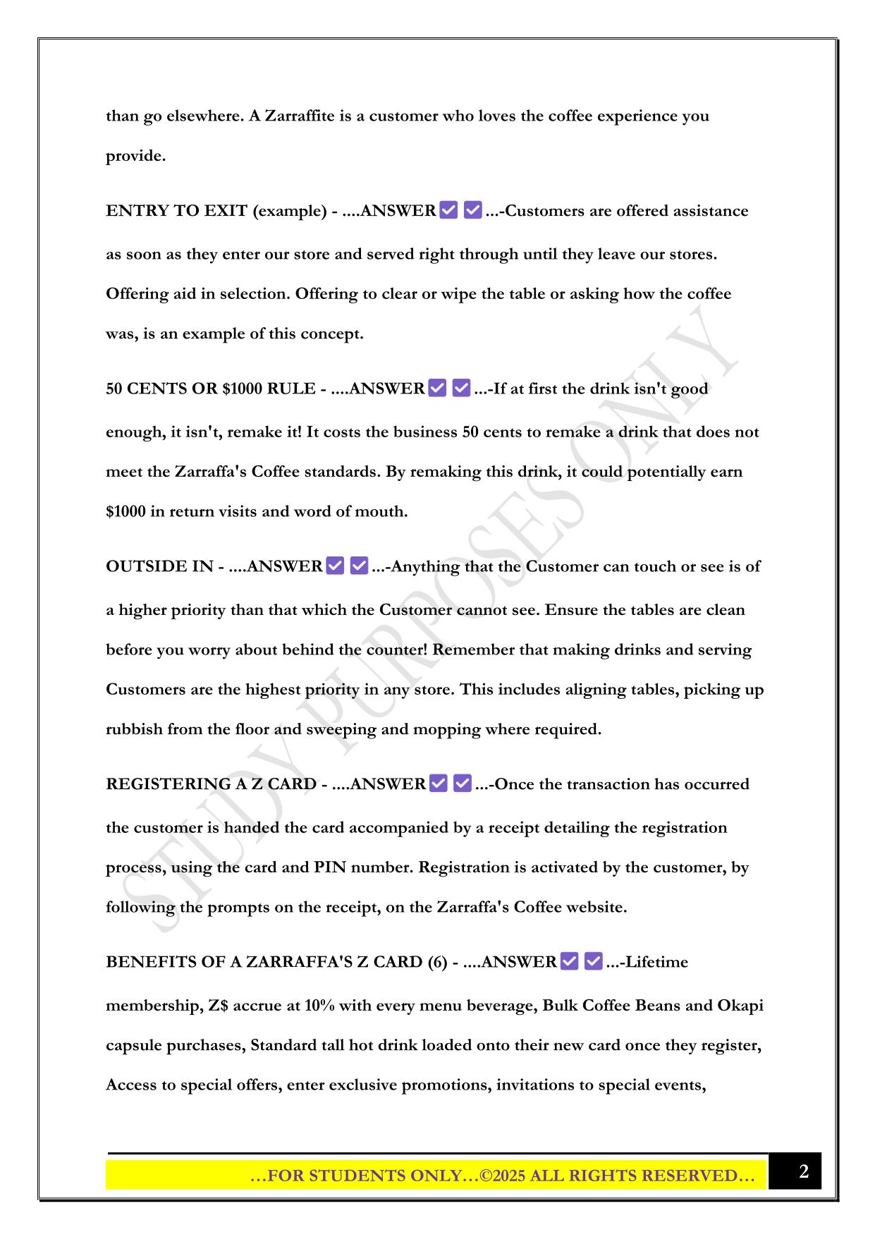 Zarraffa's Coffee Fairfield Barista Exam 2025 Questions and Answers