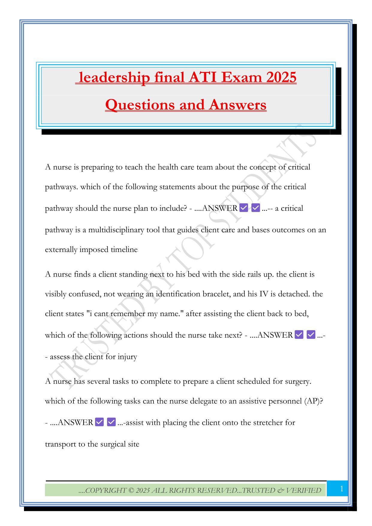 leadership final ATI Exam 2025 Questions and Answers