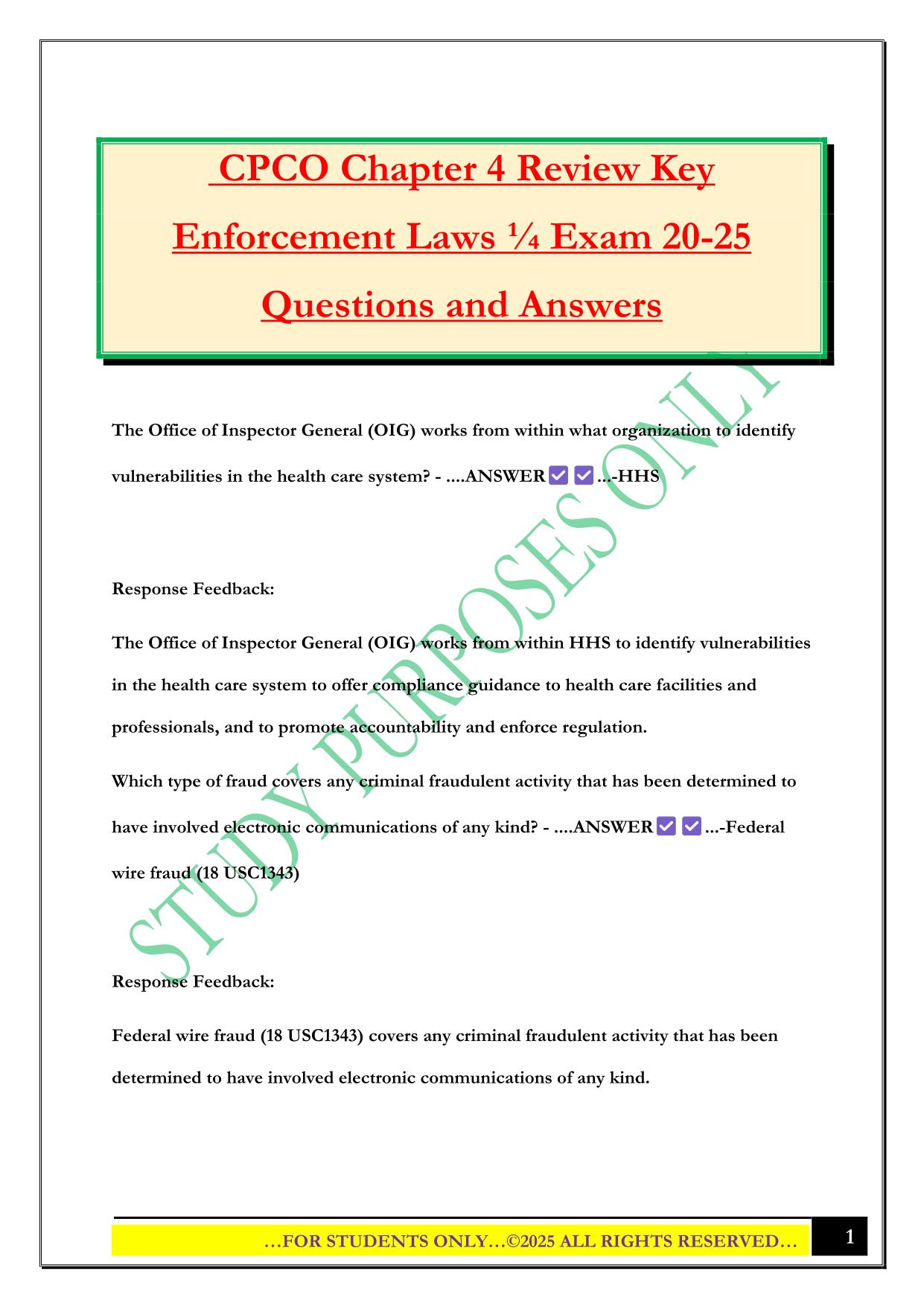 CPCO Chapter 4 Review Key Enforcement Laws ¼ Exam 20-25 Questions and Answers