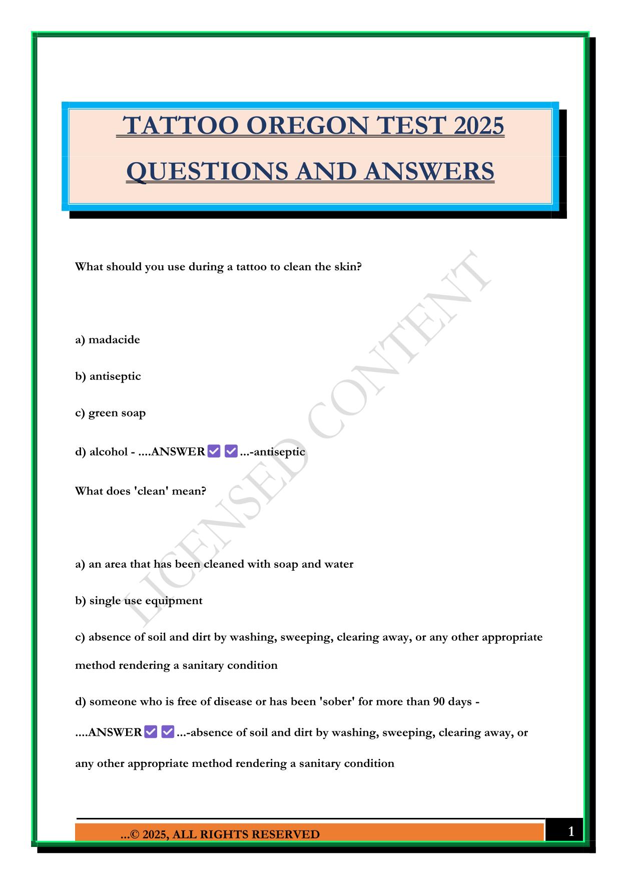 TATTOO OREGON TEST 2025 QUESTIONS AND ANSWERS