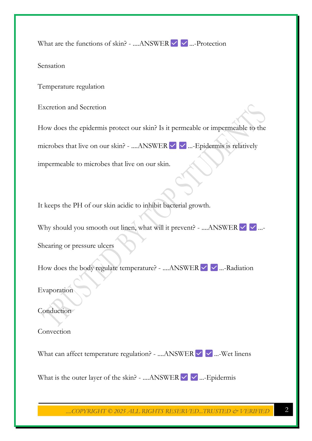 NURS246 HYGIENE EXAM 2025 QUESTIONS AND ANSWERS
