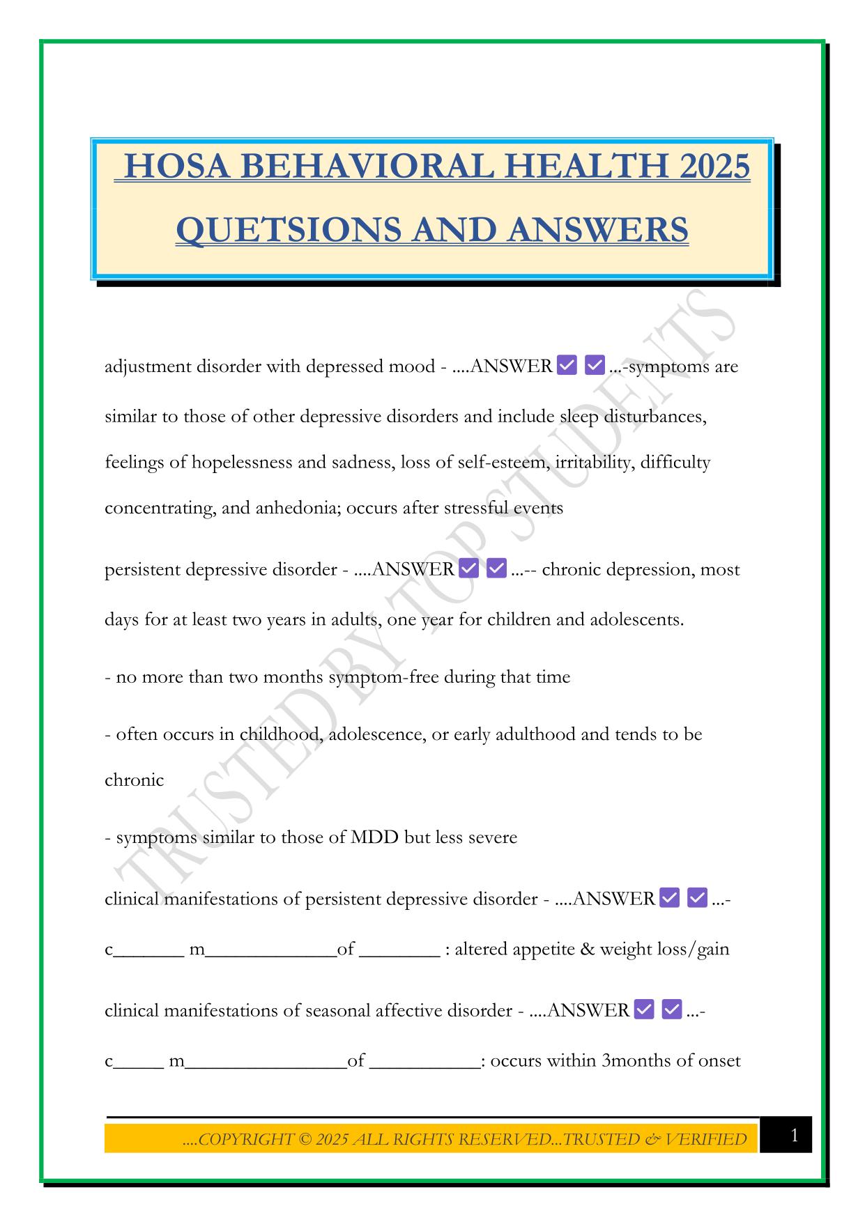 HOSA BEHAVIORAL HEALTH 2025 QUETSIONS AND ANSWERS