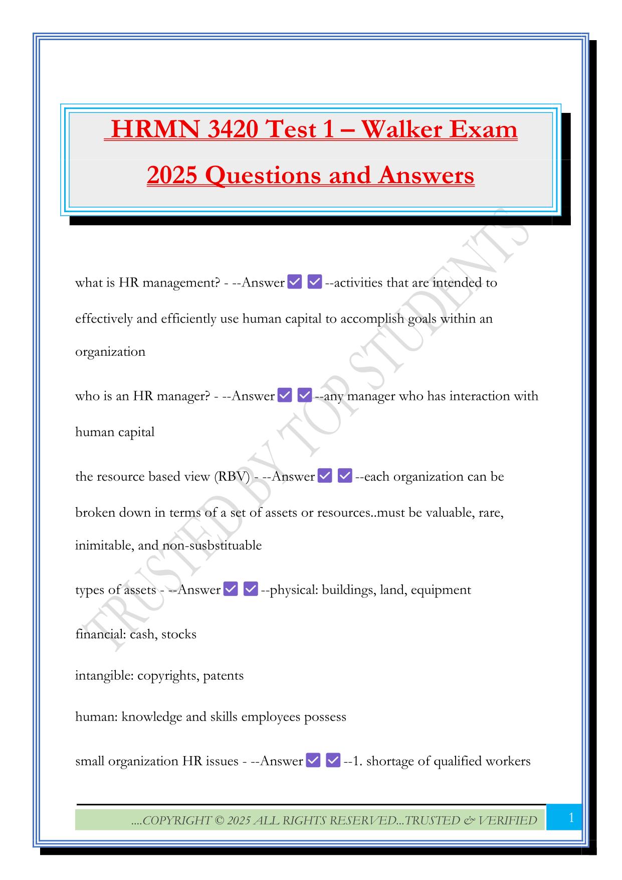 HRMN 3420 Test 1 – Walker Exam 2025 Questions and Answers