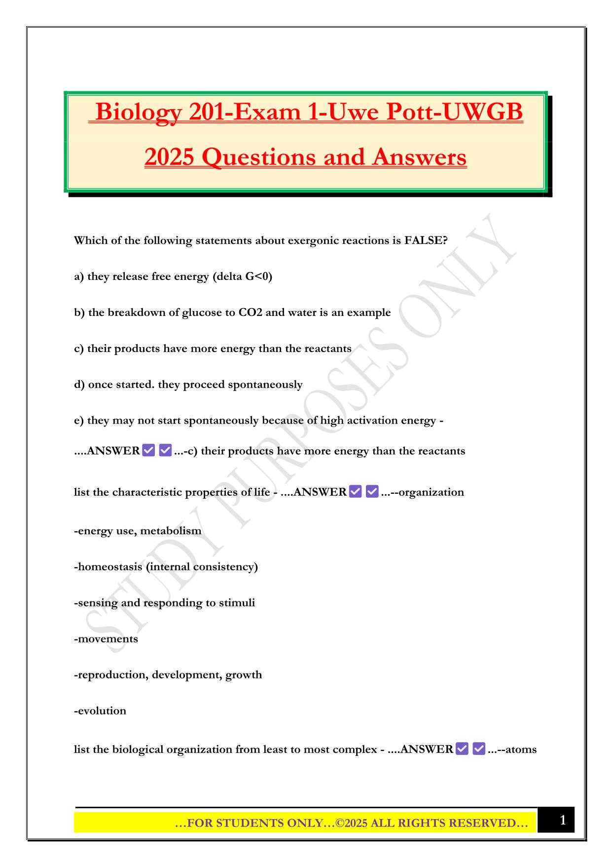 Biology 201-Exam 1-Uwe Pott-UWGB 2025 Questions and Answers
