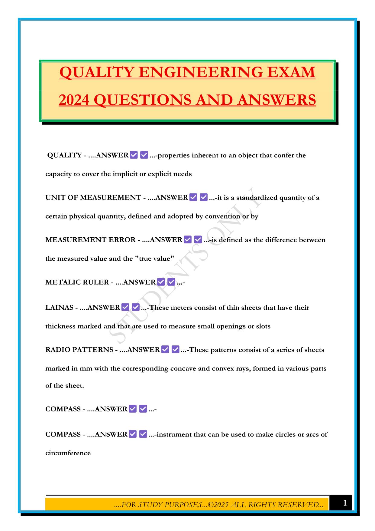 QUALITY ENGINEERING EXAM 2024 QUESTIONS AND ANSWERS