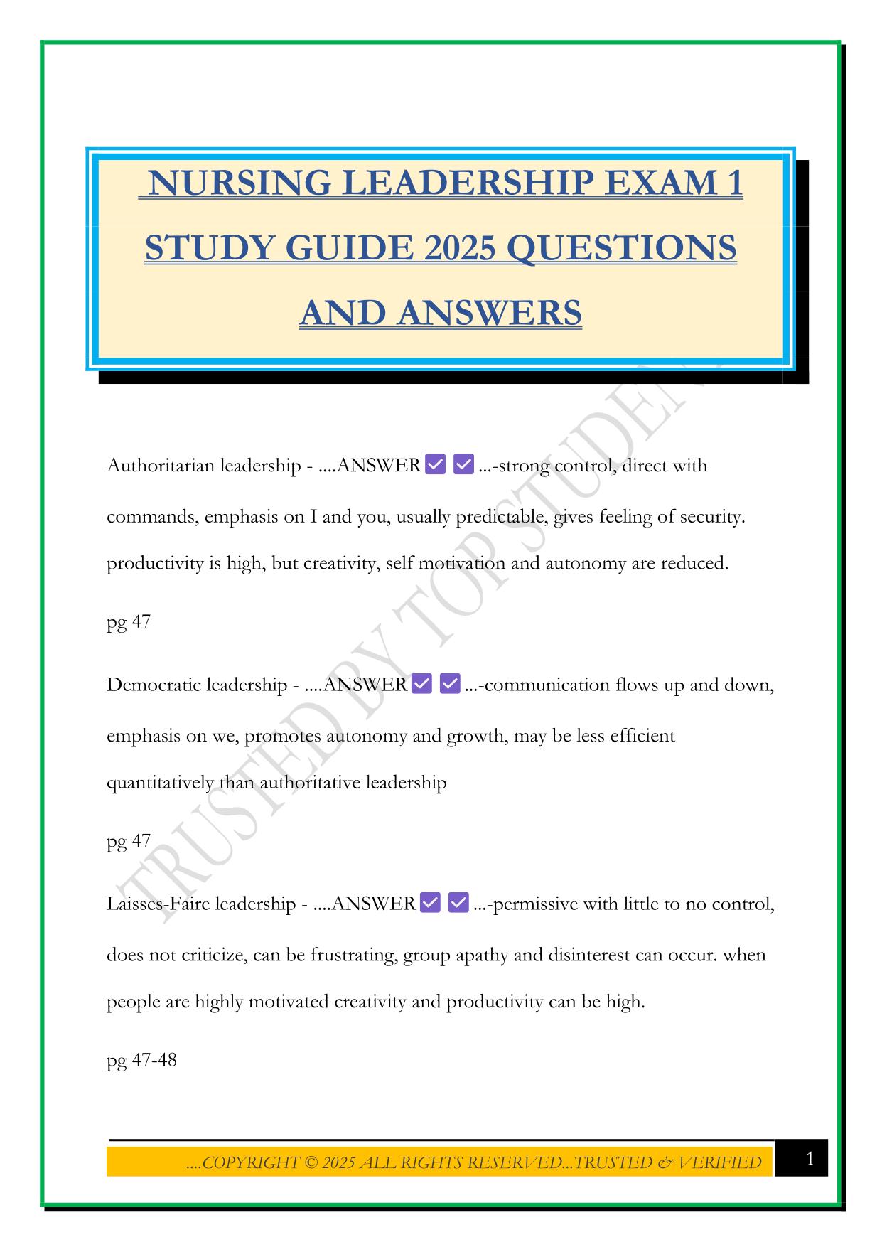 NURSING LEADERSHIP EXAM 1 STUDY GUIDE 2025 QUESTIONS AND ANSWERS