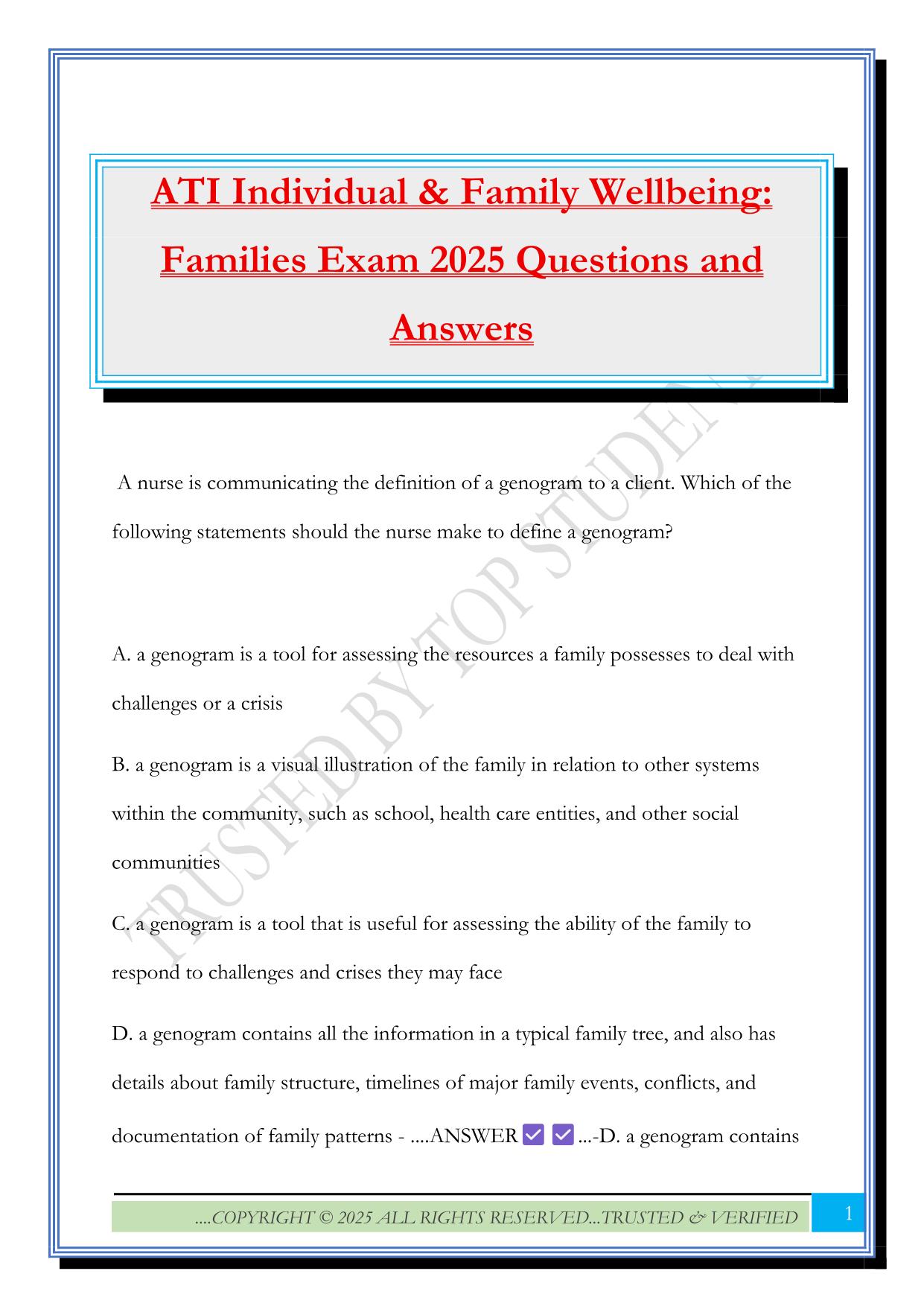 ATI Individual & Family Wellbeing: Families Exam 2025 Questions and Answers
