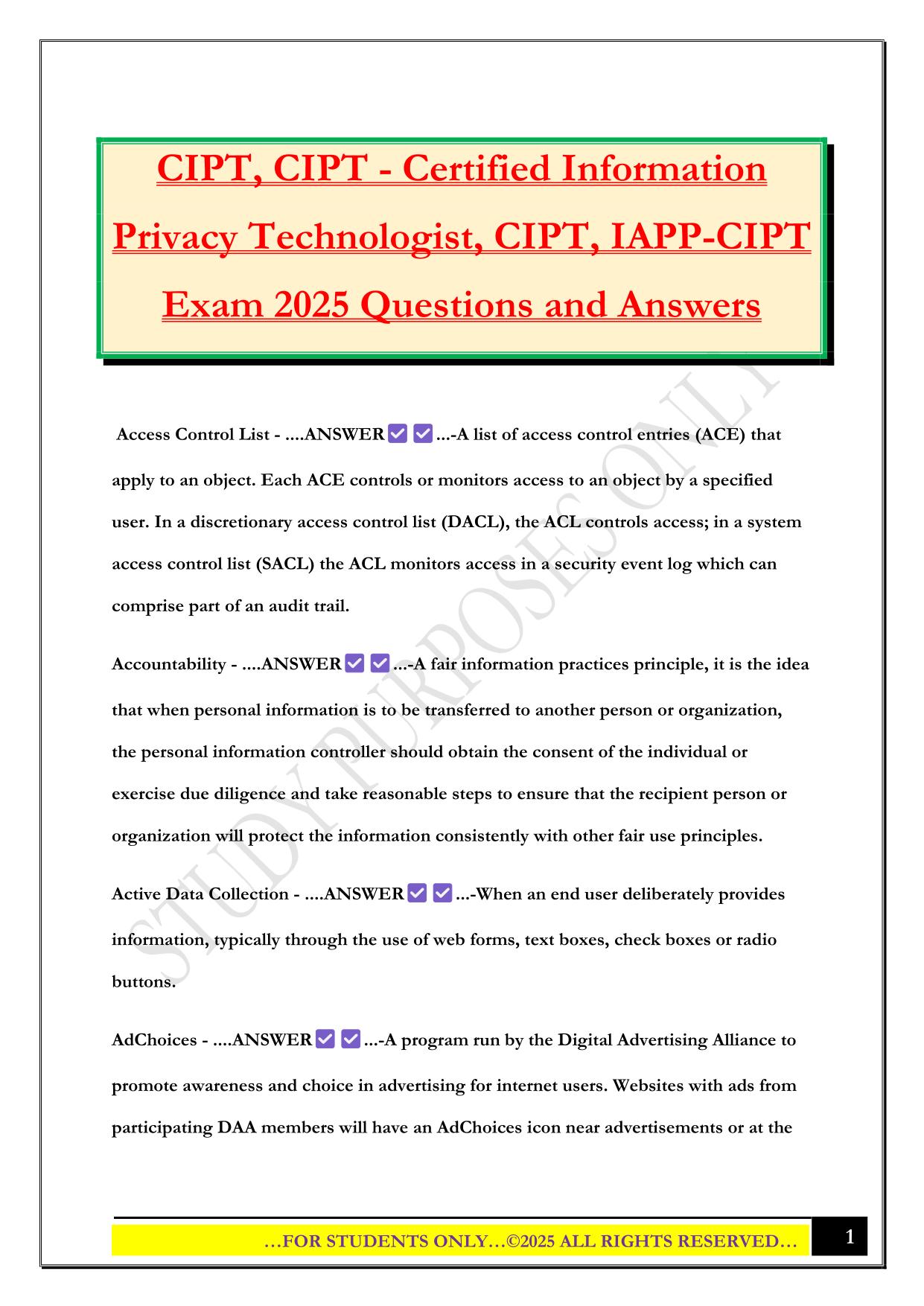 CIPT, CIPT - Certified Information Privacy Technologist, CIPT, IAPP-CIPT Exam 2025 Questions and Answers