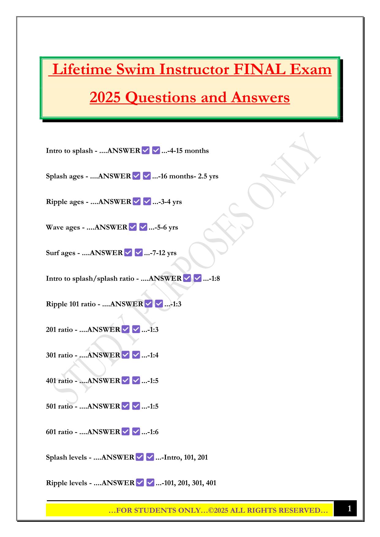 Lifetime Swim Instructor FINAL Exam 2025 Questions and Answers
