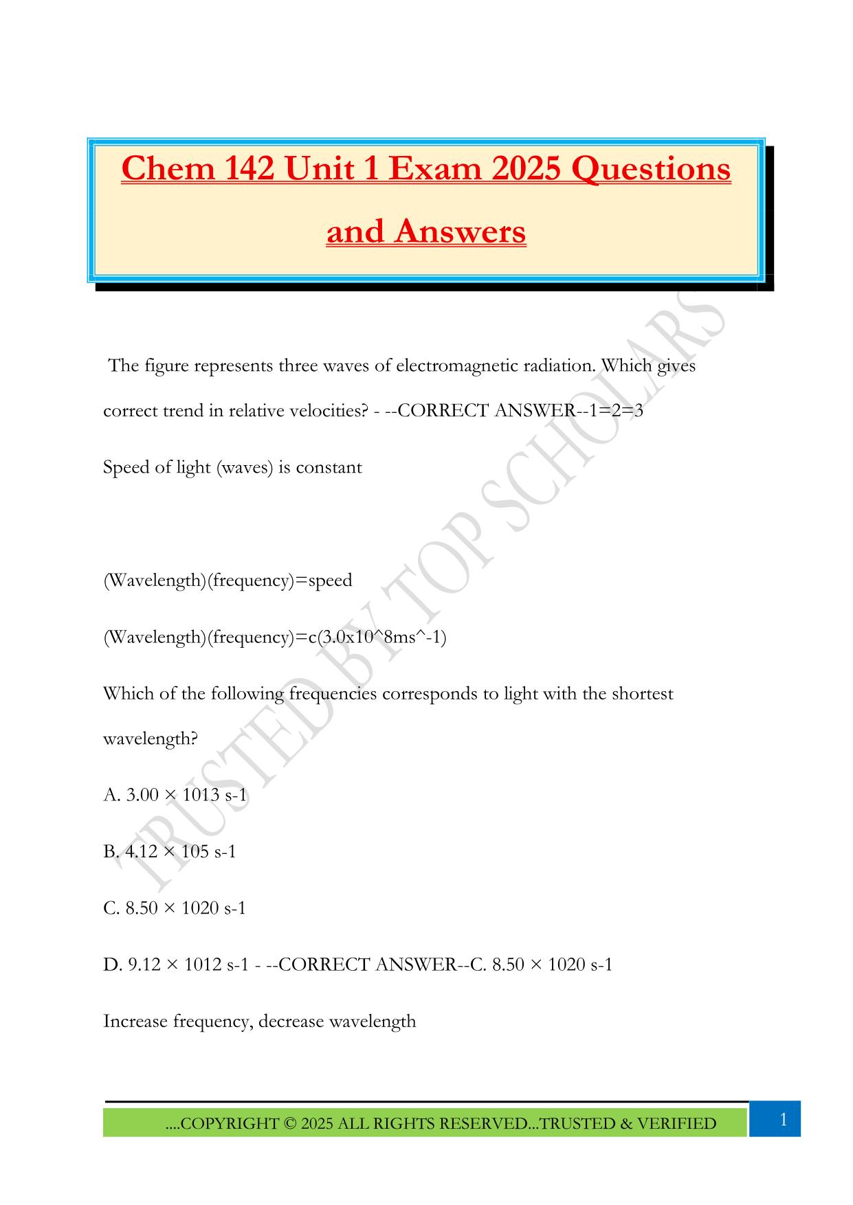 Chem 142 Unit 1 Exam 2025 Questions and Answers
