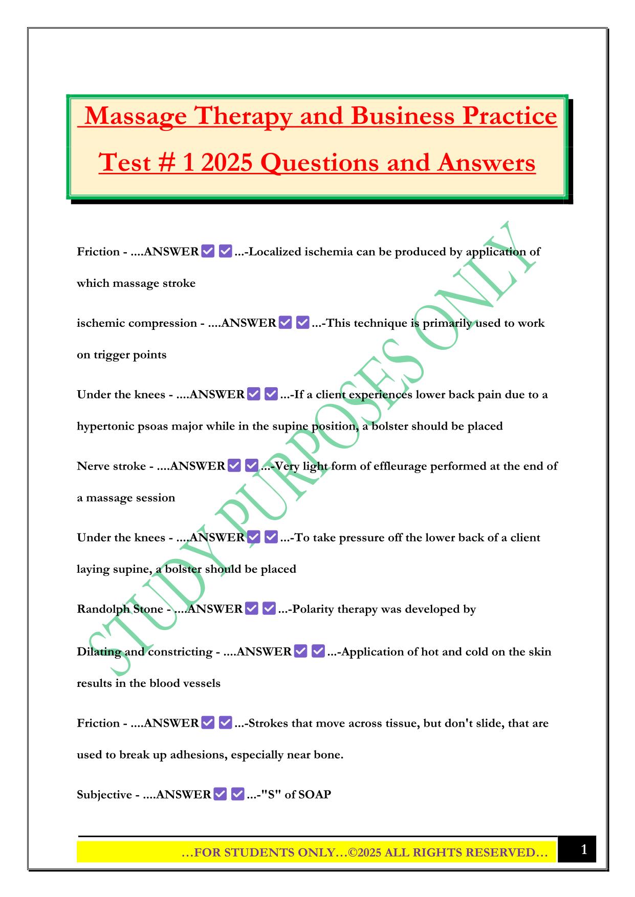 Massage Therapy and Business Practice Test # 1 2025 Questions and Answers