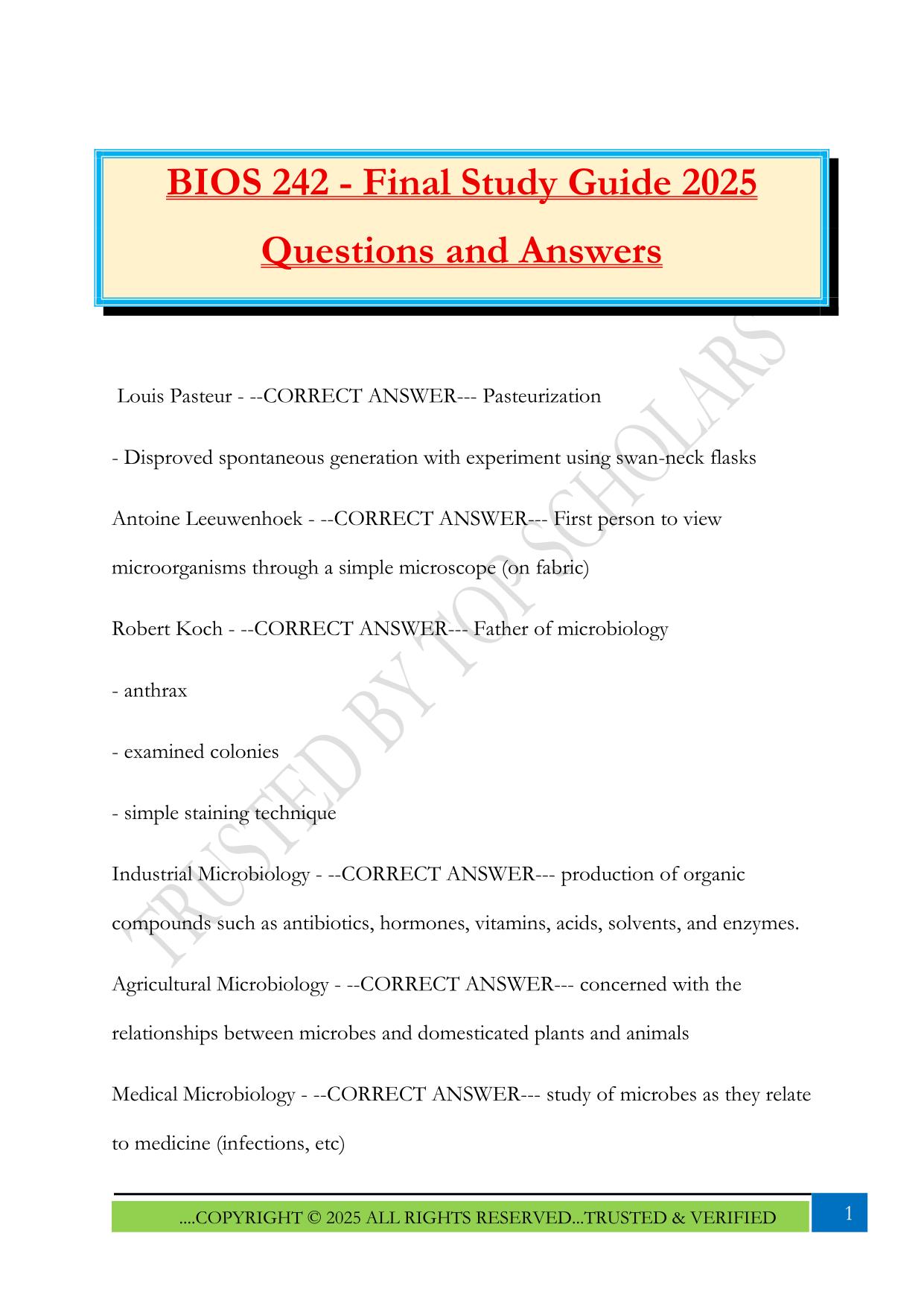 BIOS 242 - Final Study Guide 2025 Questions and Answers