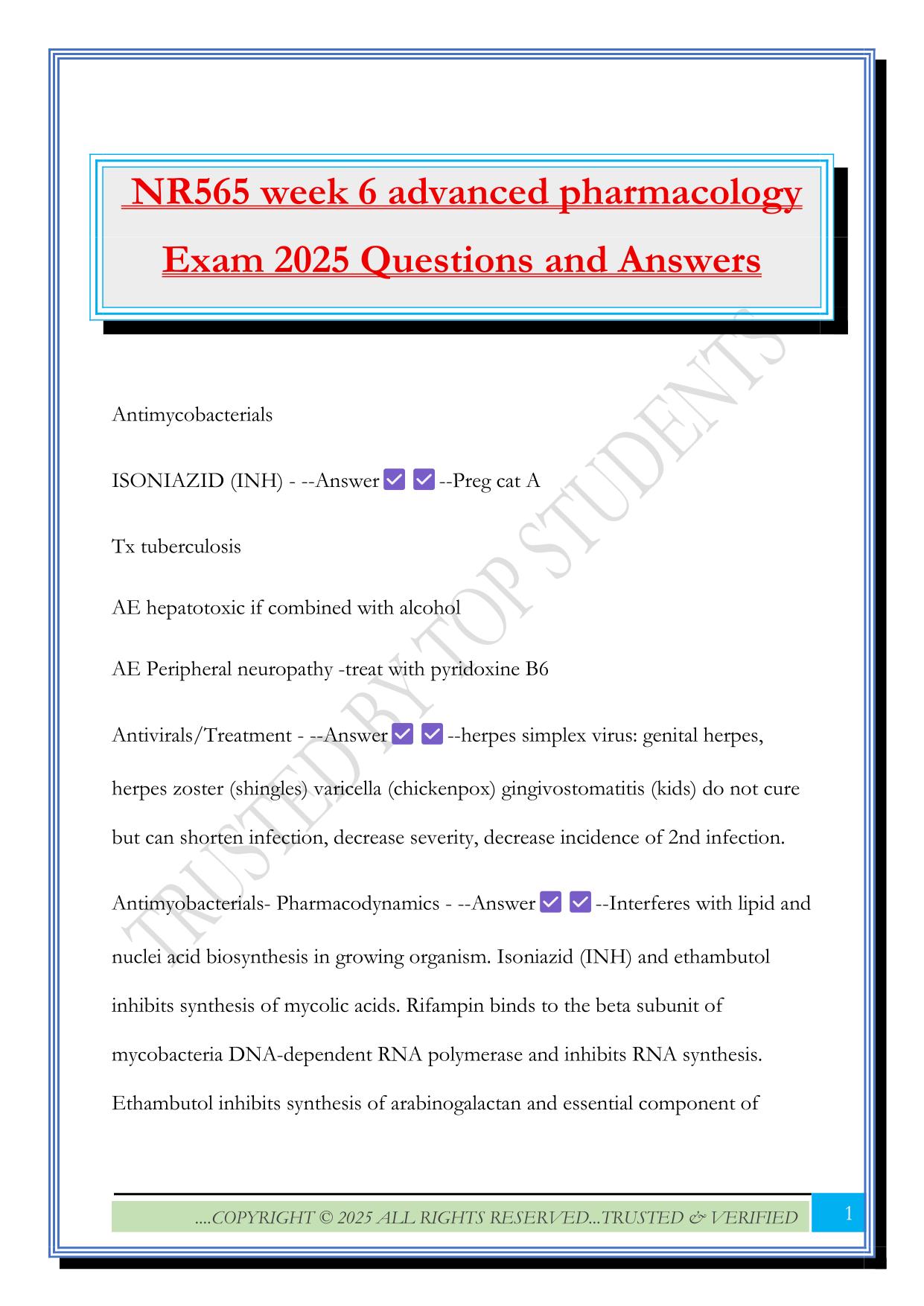 NR565 week 6 advanced pharmacology Exam 2025 Questions and Answers