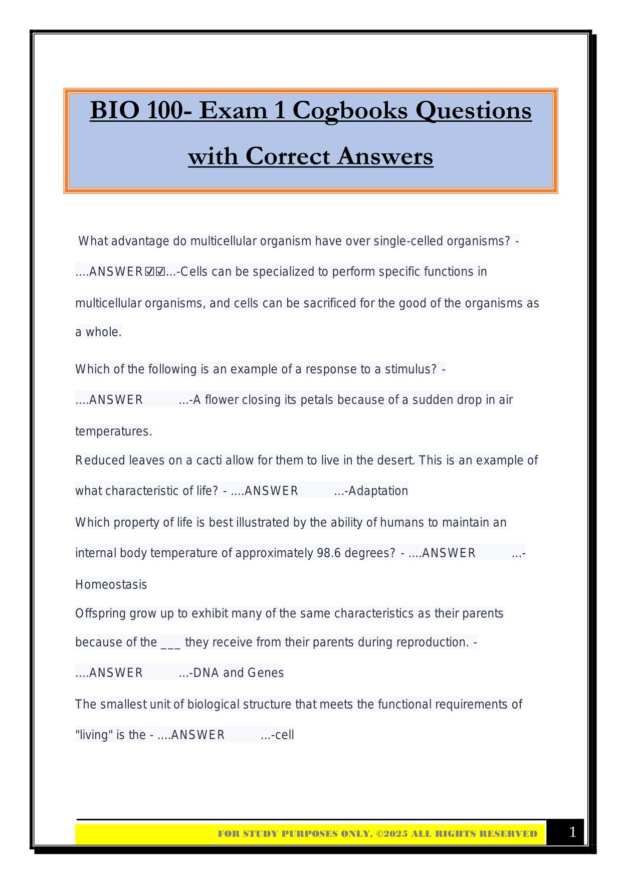 BIO 100- Exam 1 Cogbooks Questions with Correct Answers