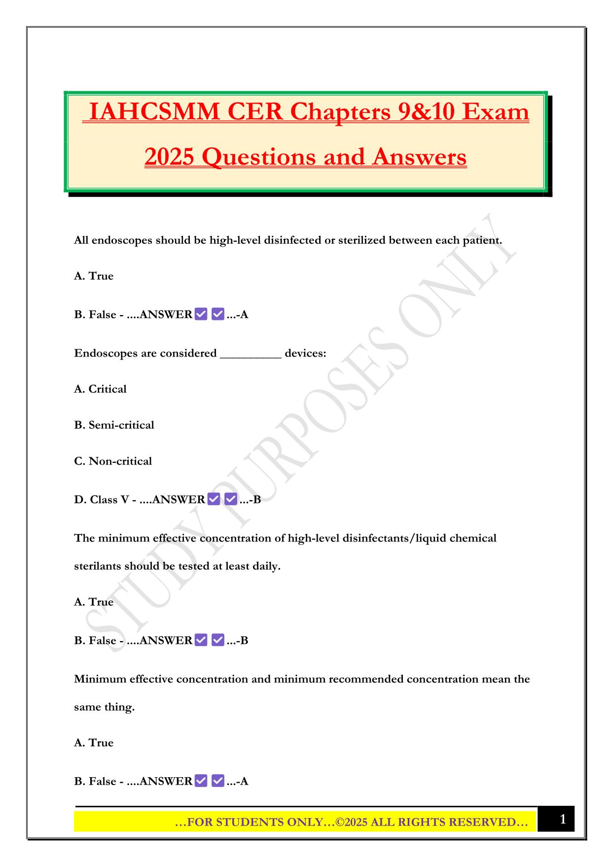 IAHCSMM CER Chapters 9&10 Exam 2025 Questions and Answers
