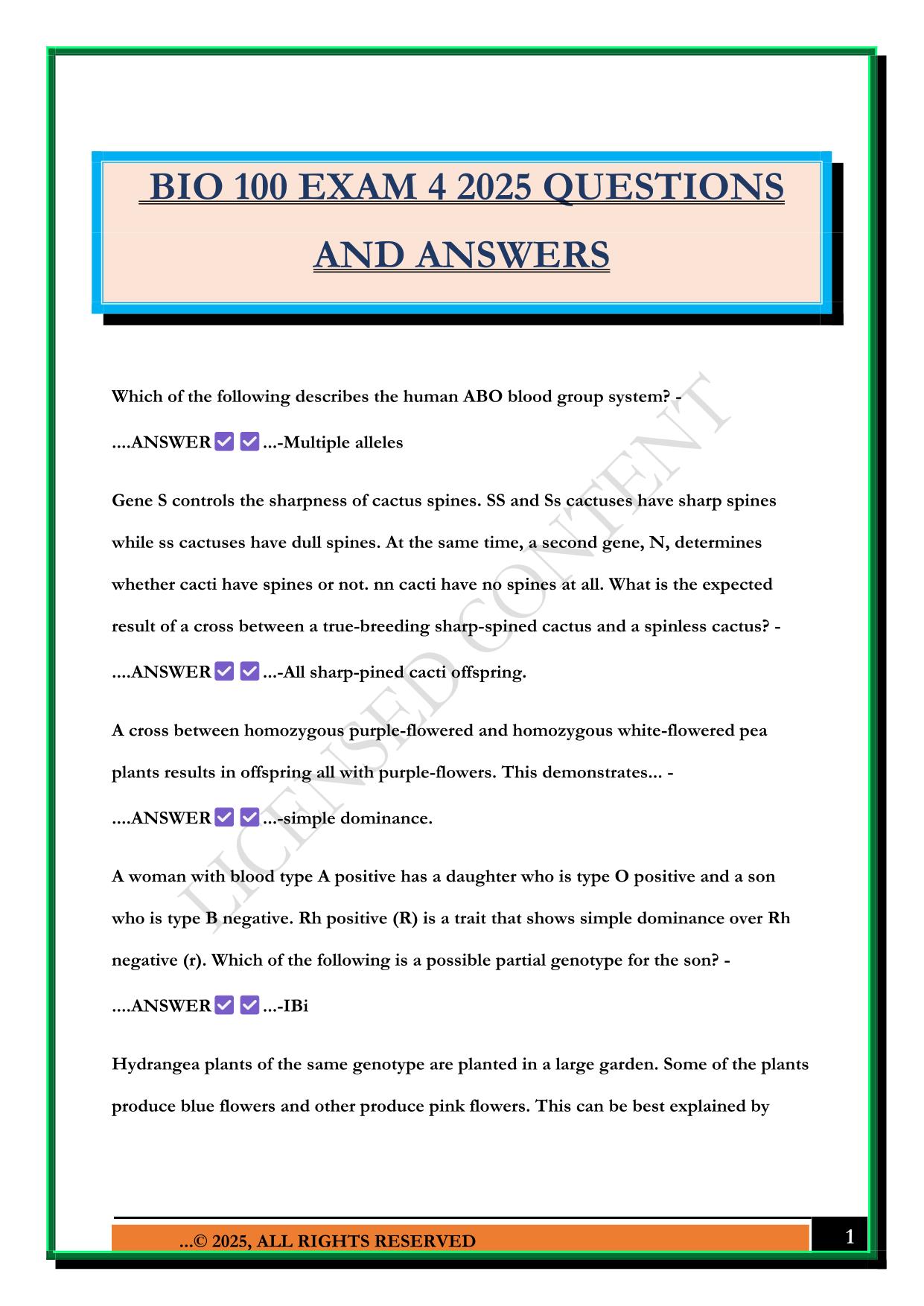 BIO 100 EXAM 4 2025 QUESTIONS AND ANSWERS