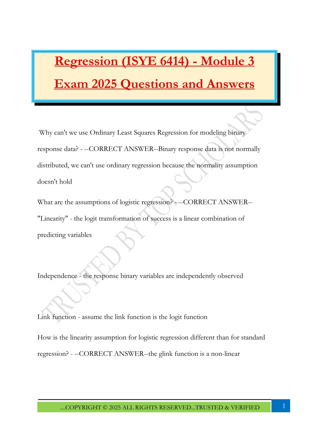 Regression (ISYE 6414) - Module 3 Exam 2025 Questions and Answers