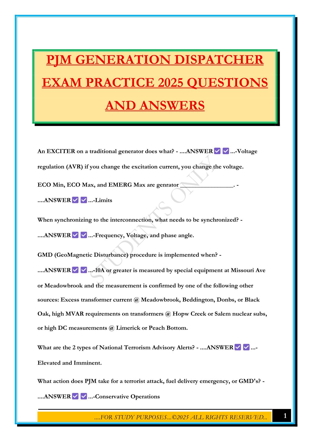 PJM GENERATION DISPATCHER EXAM PRACTICE 2025 QUESTIONS AND ANSWERS