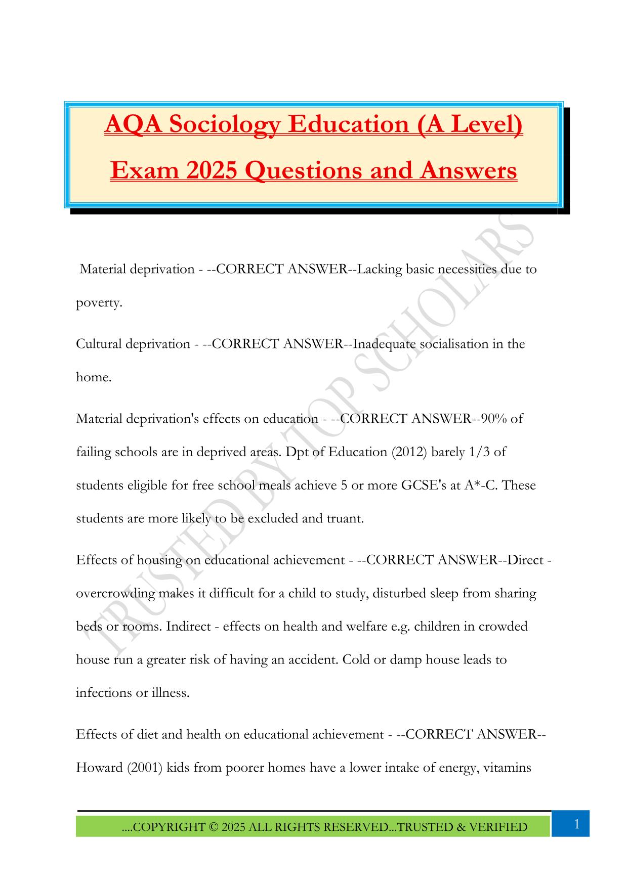 AQA Sociology Education (A Level) Exam 2025 Questions and Answers