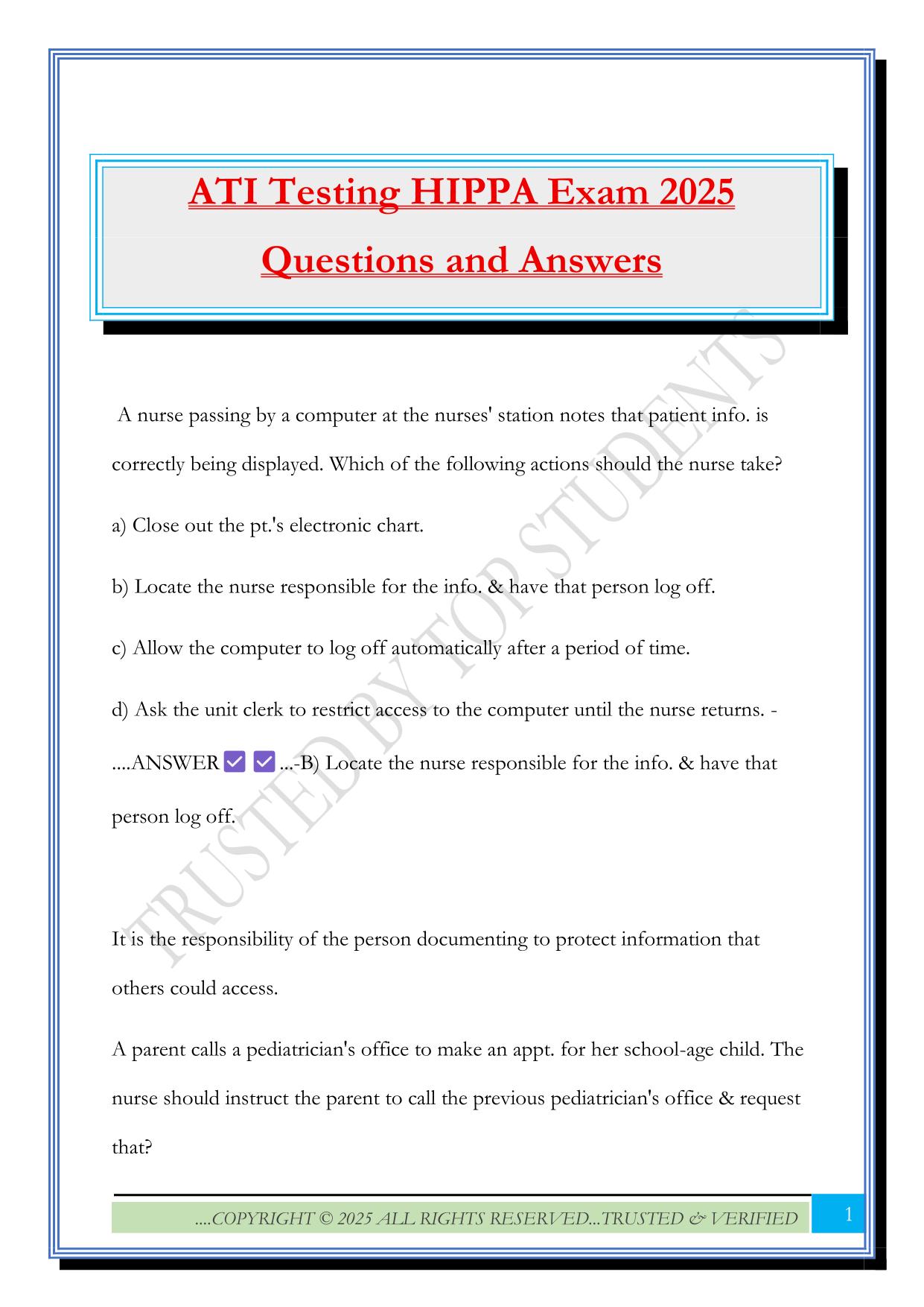 ATI Testing HIPPA Exam 2025 Questions and Answers