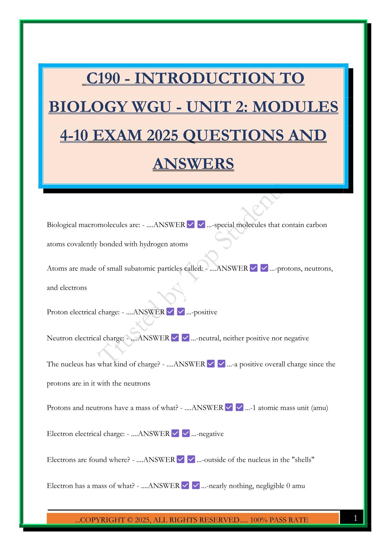 C190 - INTRODUCTION TO BIOLOGY WGU - UNIT 2: MODULES 4-10 EXAM 2025 QUESTIONS AND ANSWERS