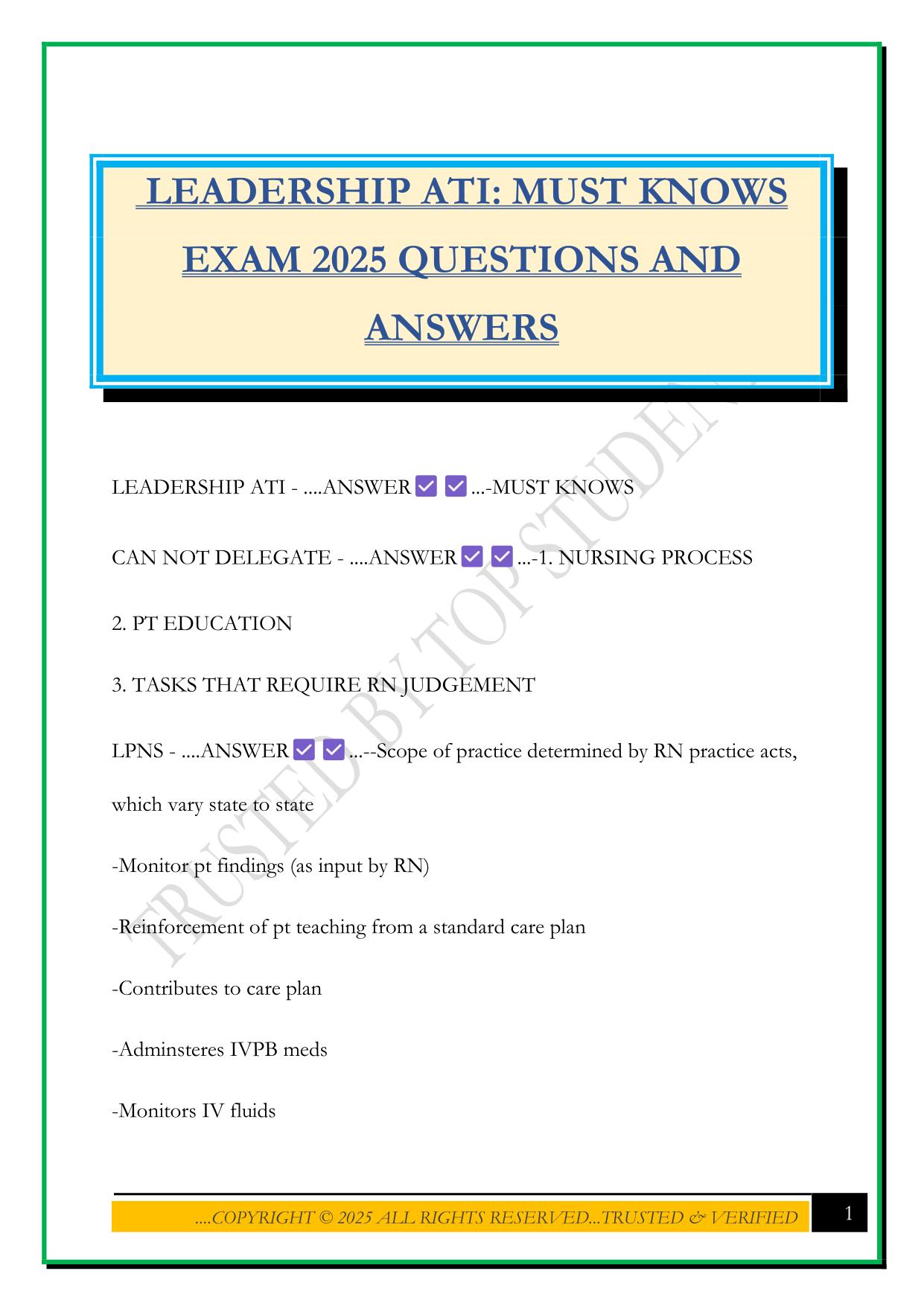 LEADERSHIP ATI: MUST KNOWS EXAM 2025 QUESTIONS AND ANSWERS