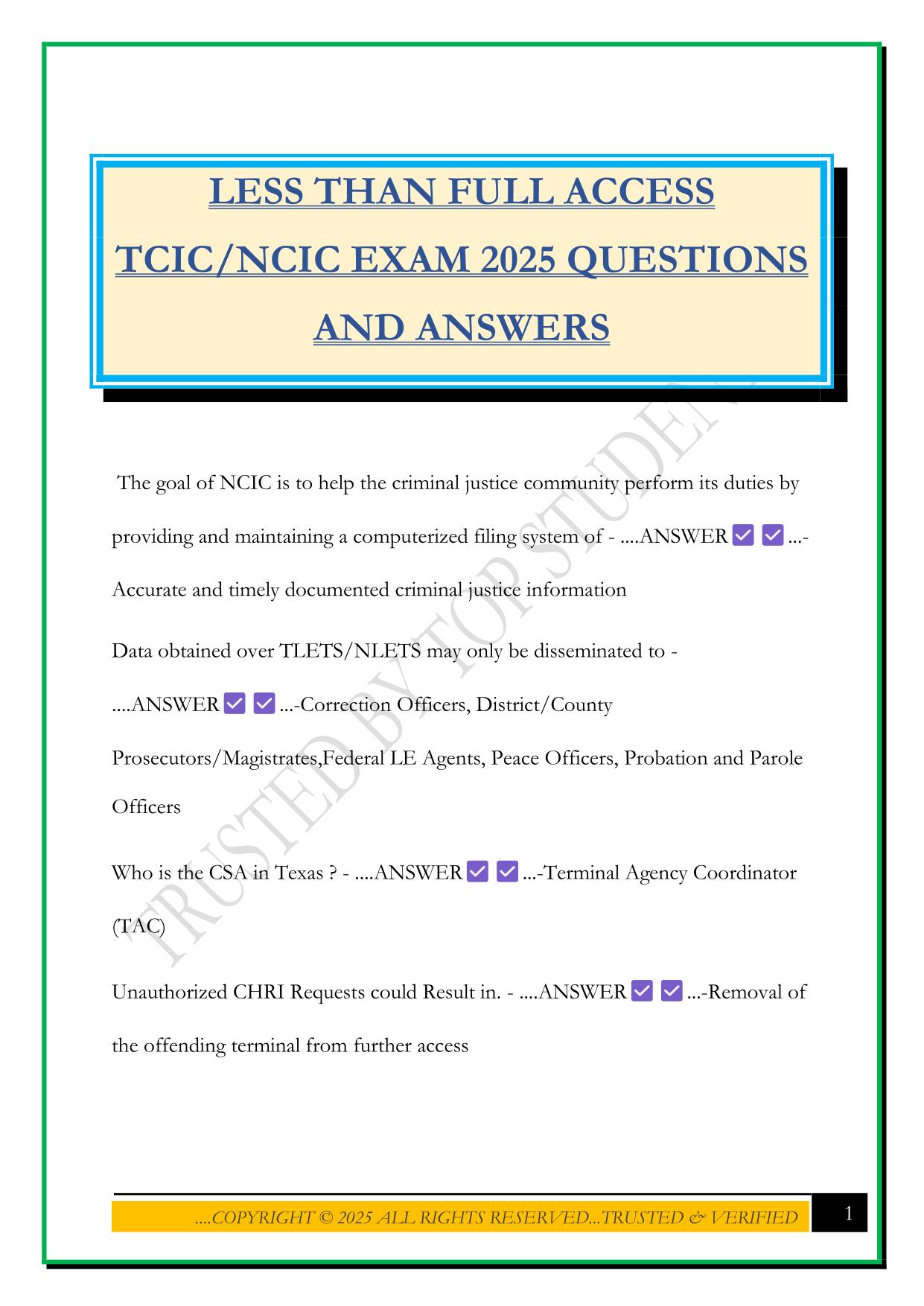 LESS THAN FULL ACCESS TCIC/NCIC EXAM 2025 QUESTIONS AND ANSWERS