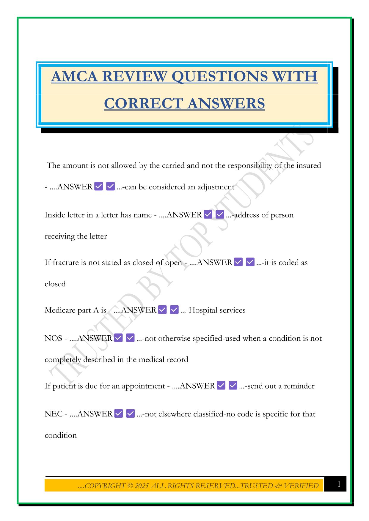 AMCA REVIEW QUESTIONS WITH CORRECT ANSWERS