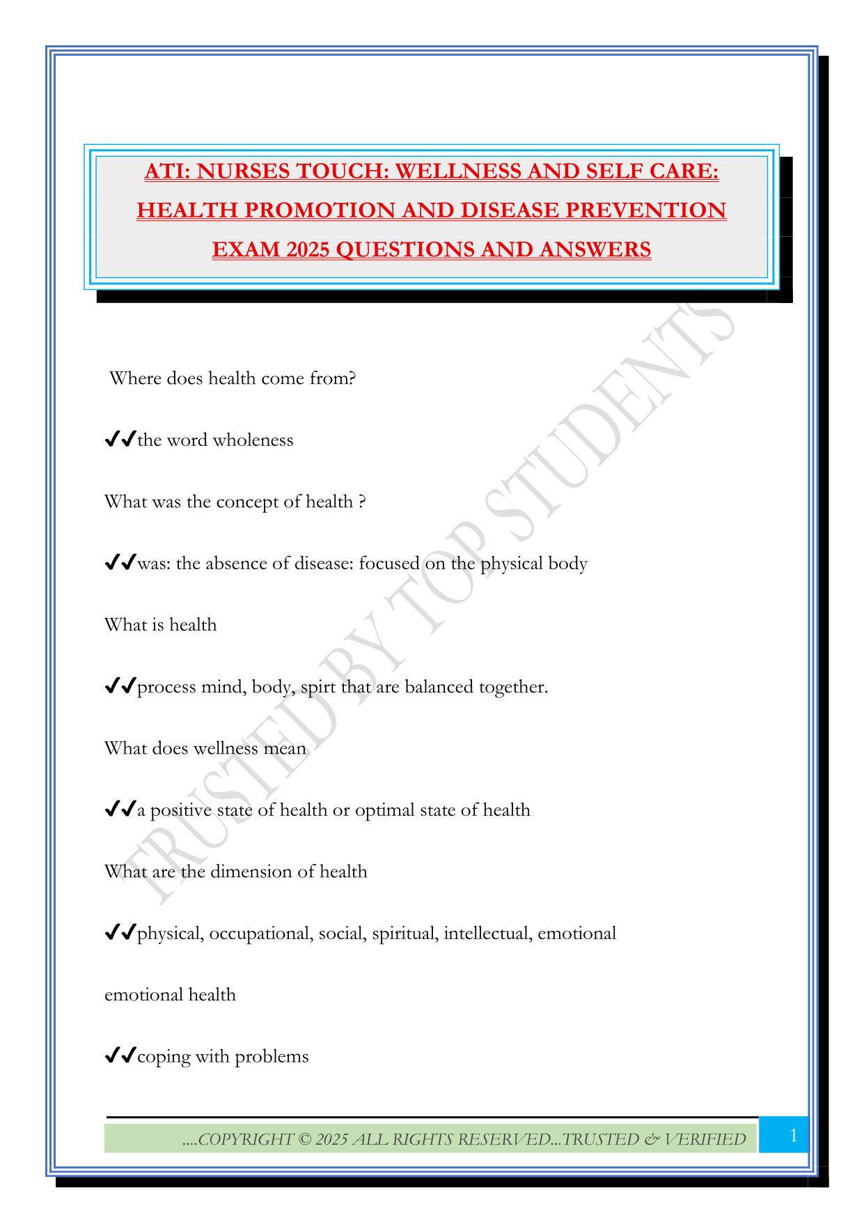 ATI: NURSES TOUCH: WELLNESS AND SELF CARE: HEALTH PROMOTION AND DISEASE PREVENTION EXAM 2025 QUESTIONS AND ANSWERS