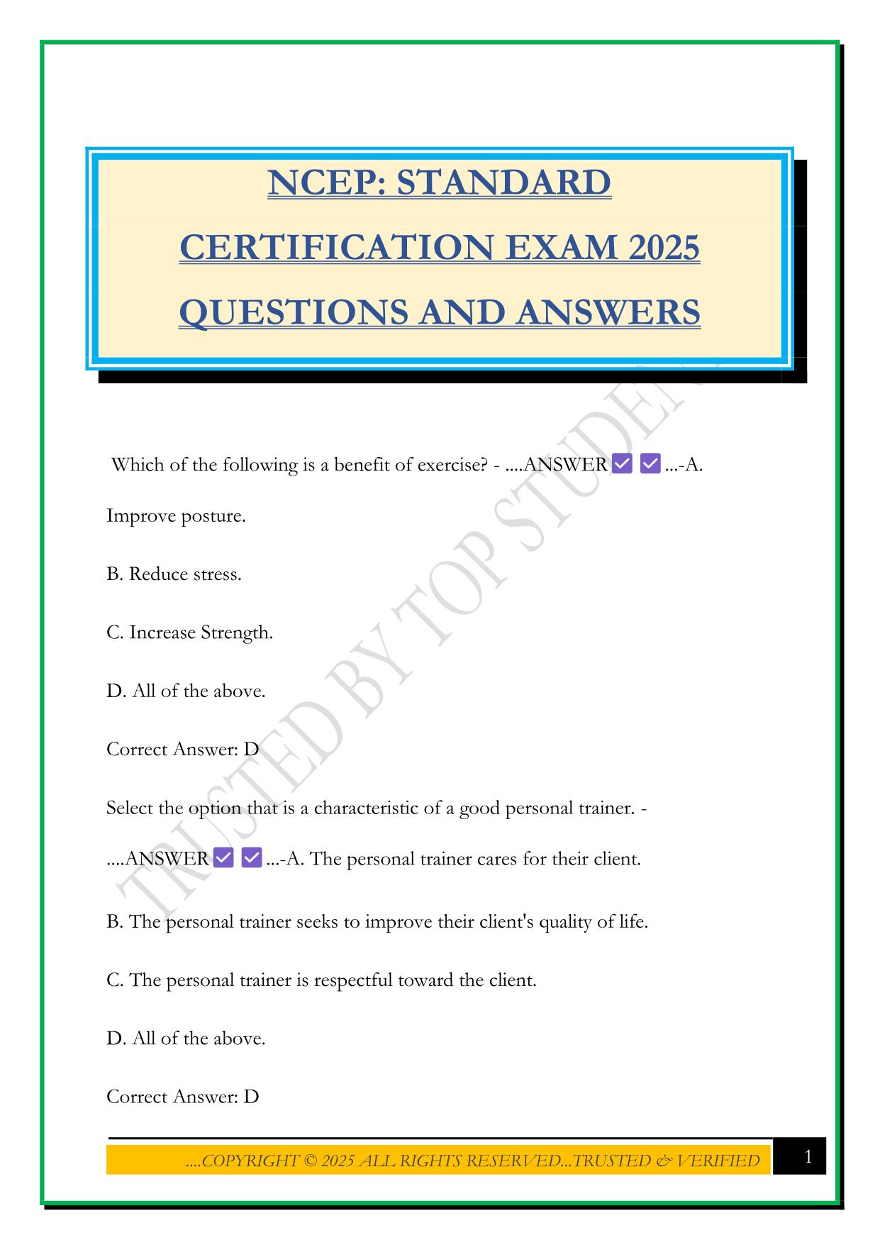 NCEP: STANDARD CERTIFICATION EXAM 2025 QUESTIONS AND ANSWERS