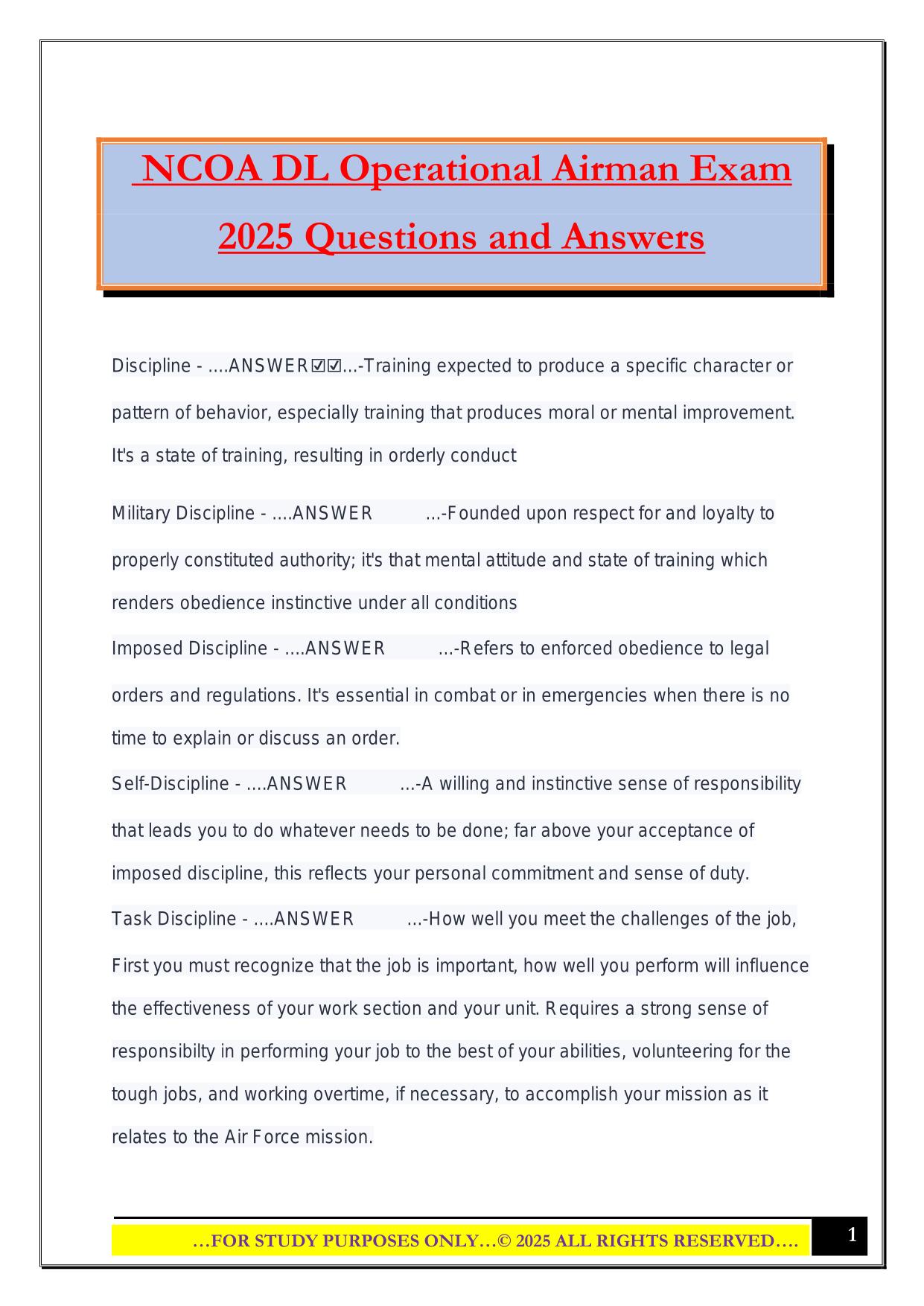 NCOA DL Operational Airman Exam 2025 Questions and Answers