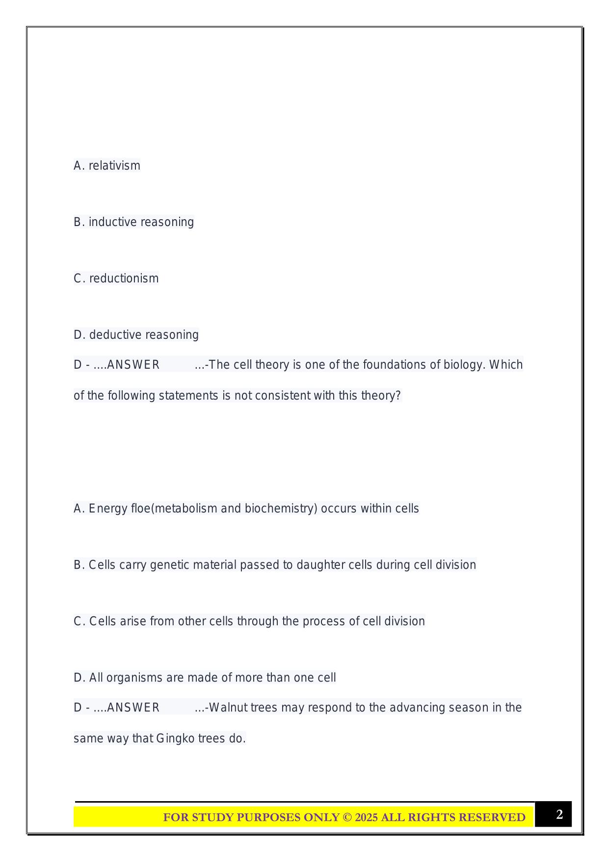 BIOLOGY 121 Study Guide 2025 Questions and Answers