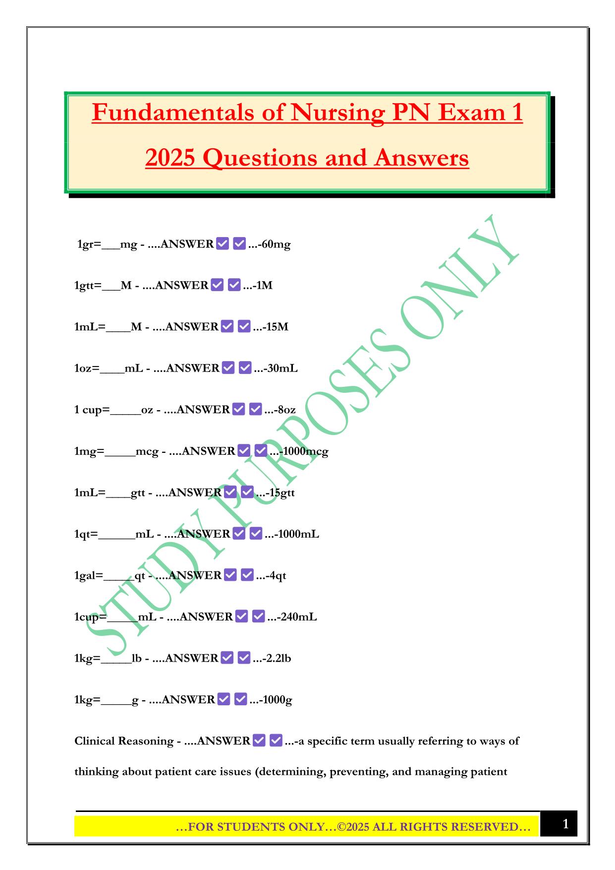 Fundamentals of Nursing PN Exam 1 2025 Questions and Answers