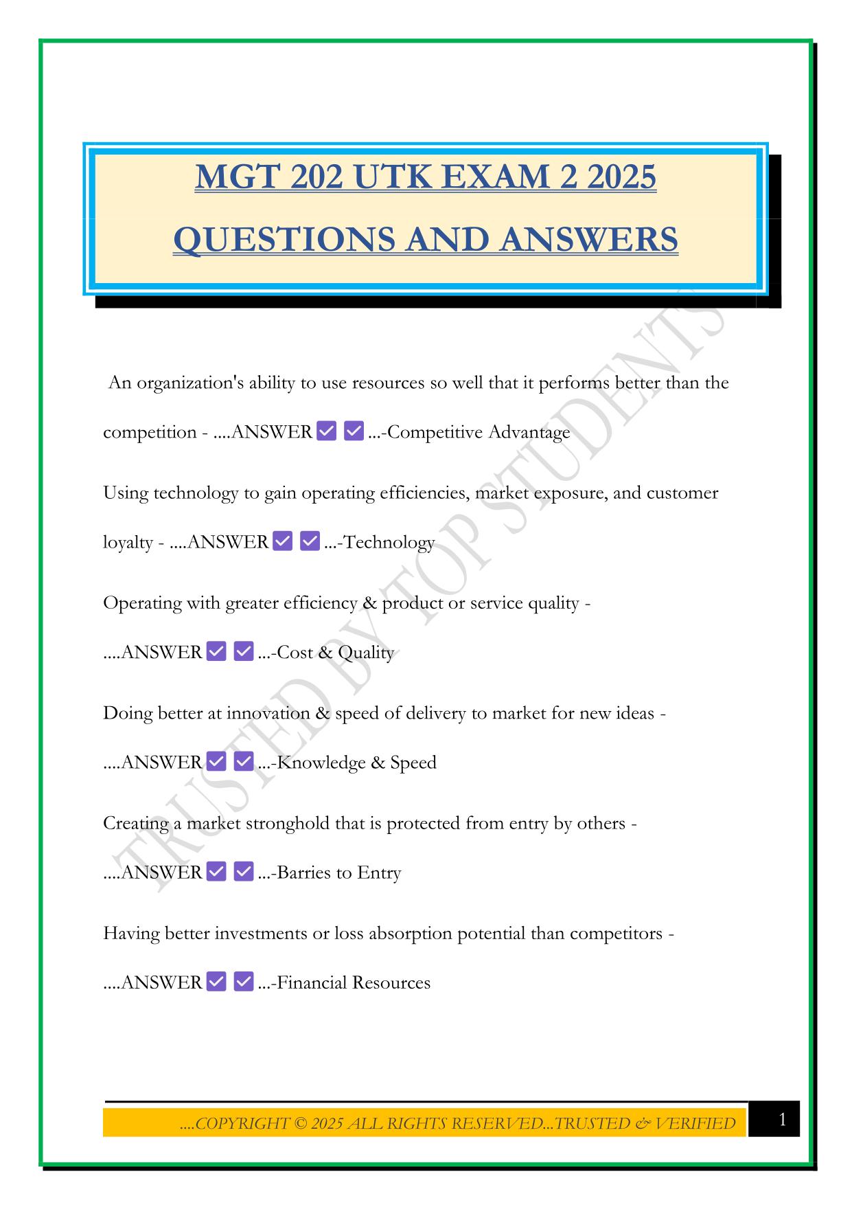 MGT 202 UTK EXAM 2 2025 QUESTIONS AND ANSWERS