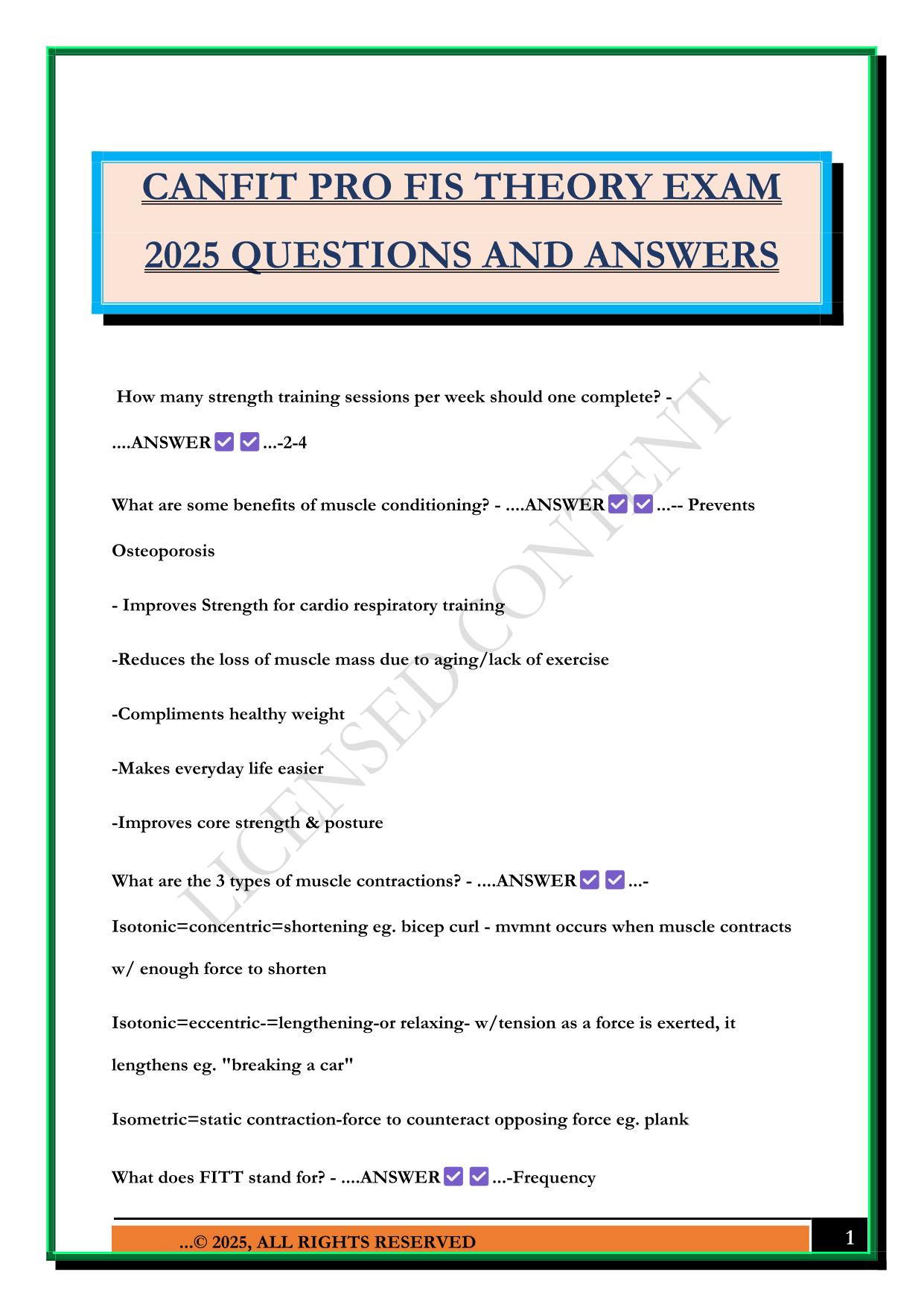CANFIT PRO FIS THEORY EXAM 2025 QUESTIONS AND ANSWERS